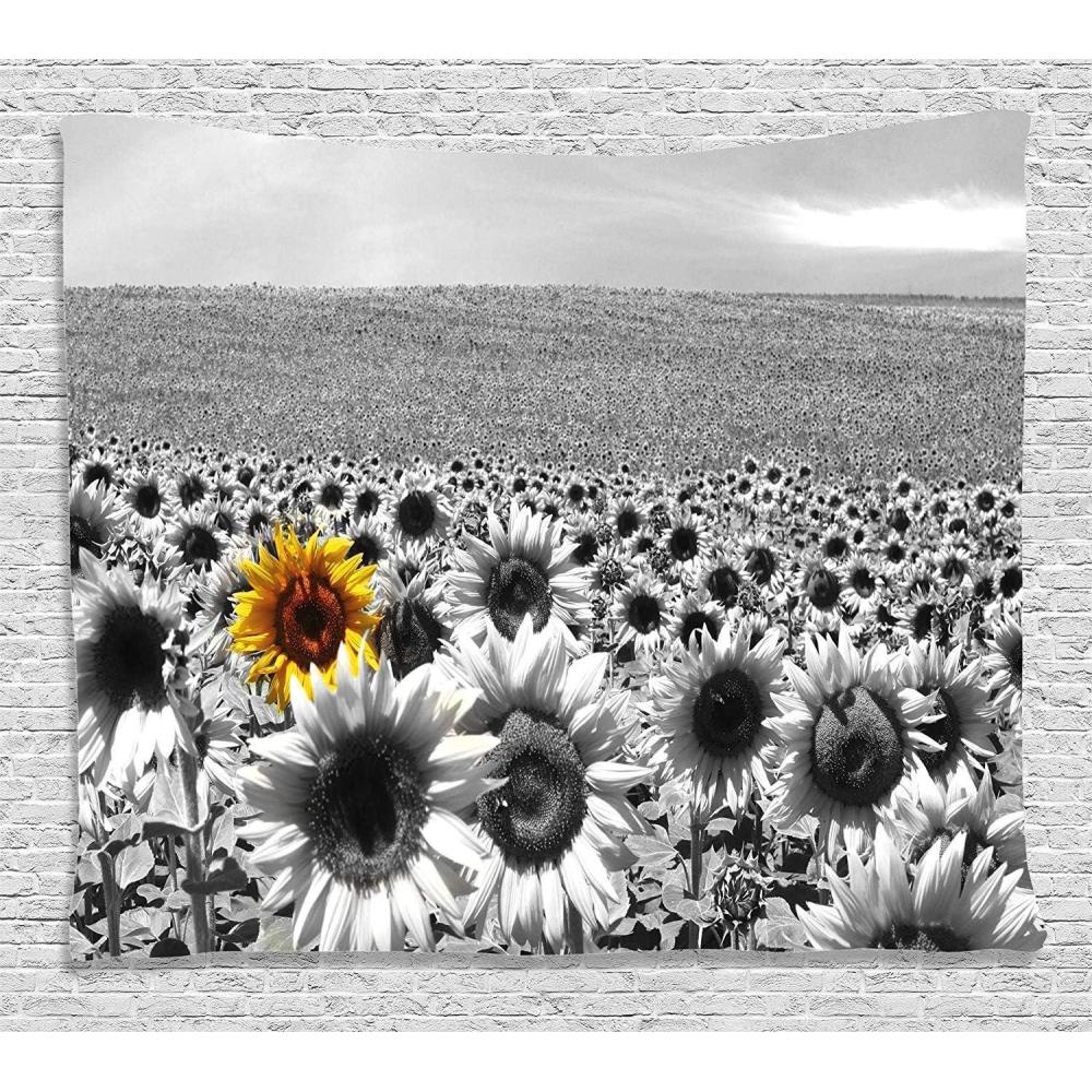 imageAmbesonne Modern Tapestry Sunflower Field Black and White a Single Yellow Flower Spring Landscape Individuality Wide Wall Hanging for Bedroom Living Room Dorm 60 X 40 Grey