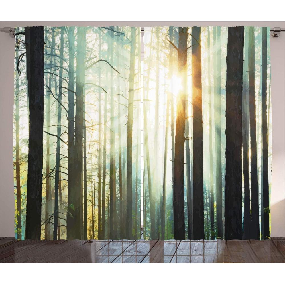 imageAmbesonne Nature Curtains Mist in The Enchanted Forest with Sunbeams Painting Effect Digital Art Image Living Room Bedroom Window Drapes 2 Panel Set 108 X 108 Brown Seafoam