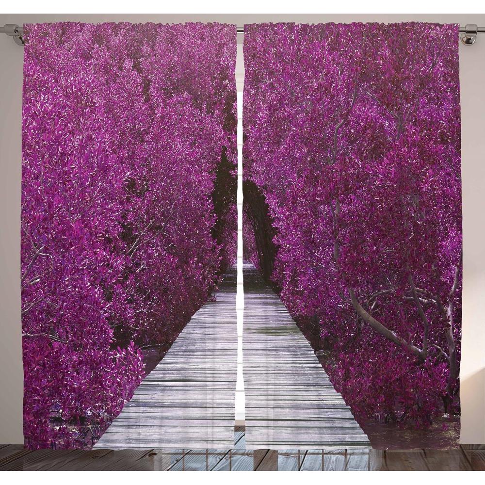 imageAmbesonne Nature Curtains Purple Flower Trees Aisle Panoramic Prospective View Picture Print Spring Landscape Living Room Bedroom Window Drapes 2 Panel Set 108 X 84 Purple Grey