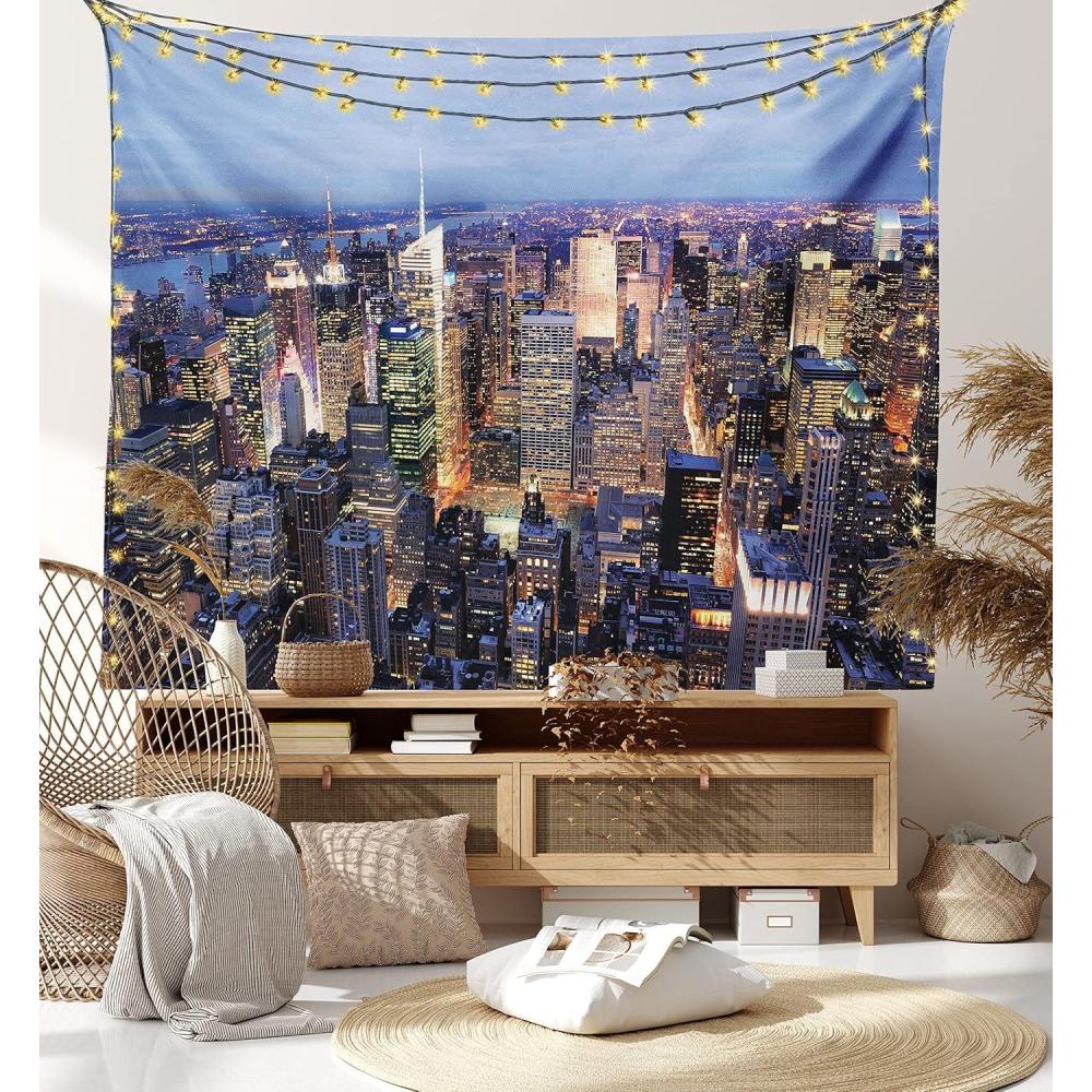 imageAmbesonne New York Tapestry Aerial View of NYC Full of Skyscrapers Manhattan Times Square Famous Cityscape Panorama Fabric Wall Hanging Decor for Bedroom Living Room Dorm 45 X 30 Blue