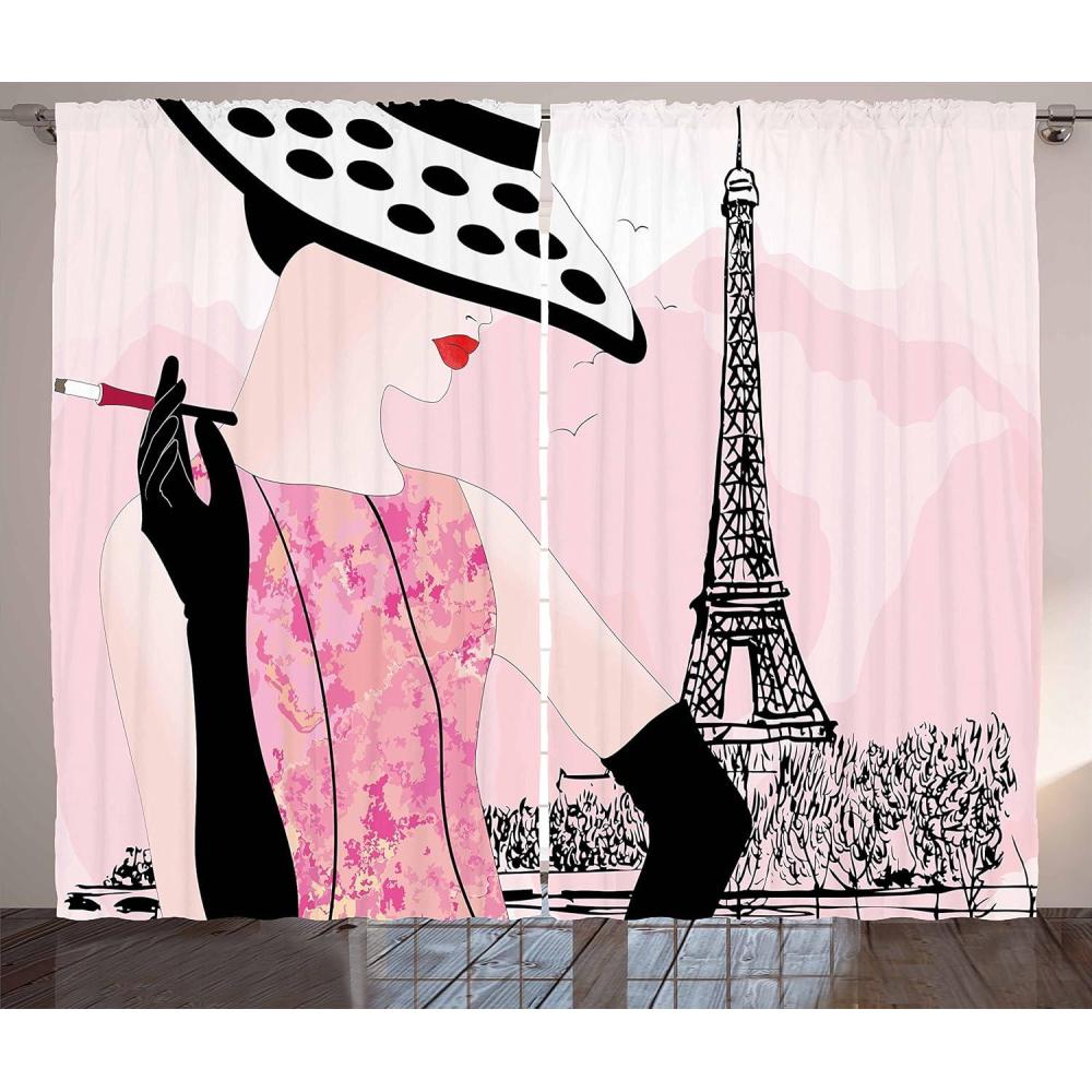 imageAmbesonne Paris Themed Curtains Lady with Hat in Front of Eiffel Tower Blushy Tone Design Modern Living Room Bedroom Window Drapes 2 Panel Set 108 X 84 Pale Pink and Black
