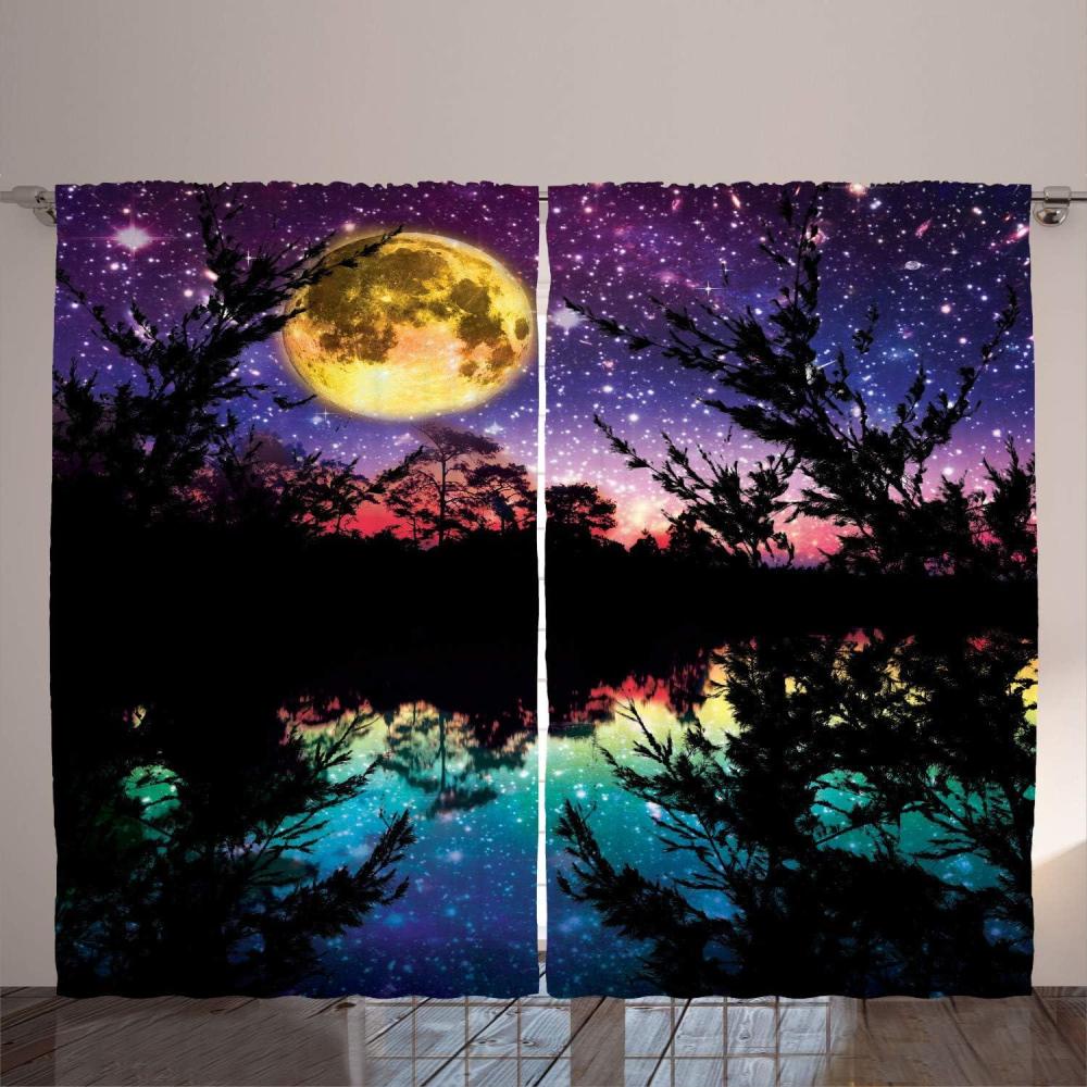 imageAmbesonne Purple Curtains Lake Moonlight Stars in Night Sky with Trees Contemporary Modern Design Living Room Bedroom Window Drapes 2 Panel Set 108 X 90 Dark Colors