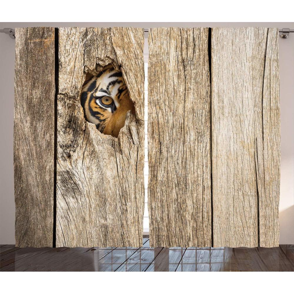 imageAmbesonne Savannah Curtains Siberian Tiger Eye Looking Through Wooden Peep Hole in Spy Predator Big Cat Wild Print Living Room Bedroom Window Drapes 2 Panel Set 108 X 84 Brown Cream