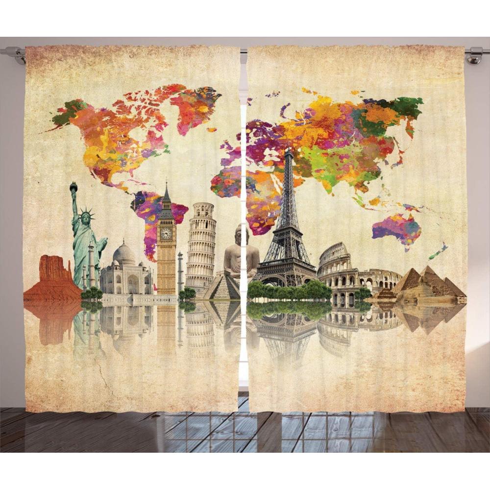 imageAmbesonne Travel Curtains Landmarks of The World 7 Wonders Europe Asia and America Abstract Map Modern Living Room Bedroom Window Drapes 2 Panel Set 108 X 63 Sepia Cream