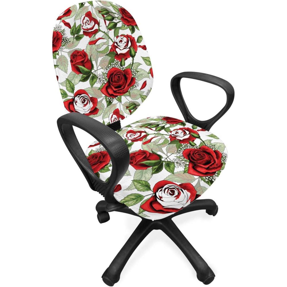 imageAmbesonne Valentines Day Office Chair Slipcover Classic Romantic Rose Flowers Branches Bouquet on Plain Backdrop Protective Stretch Decorative Fabric Cover Standard Size White Ruby and Green