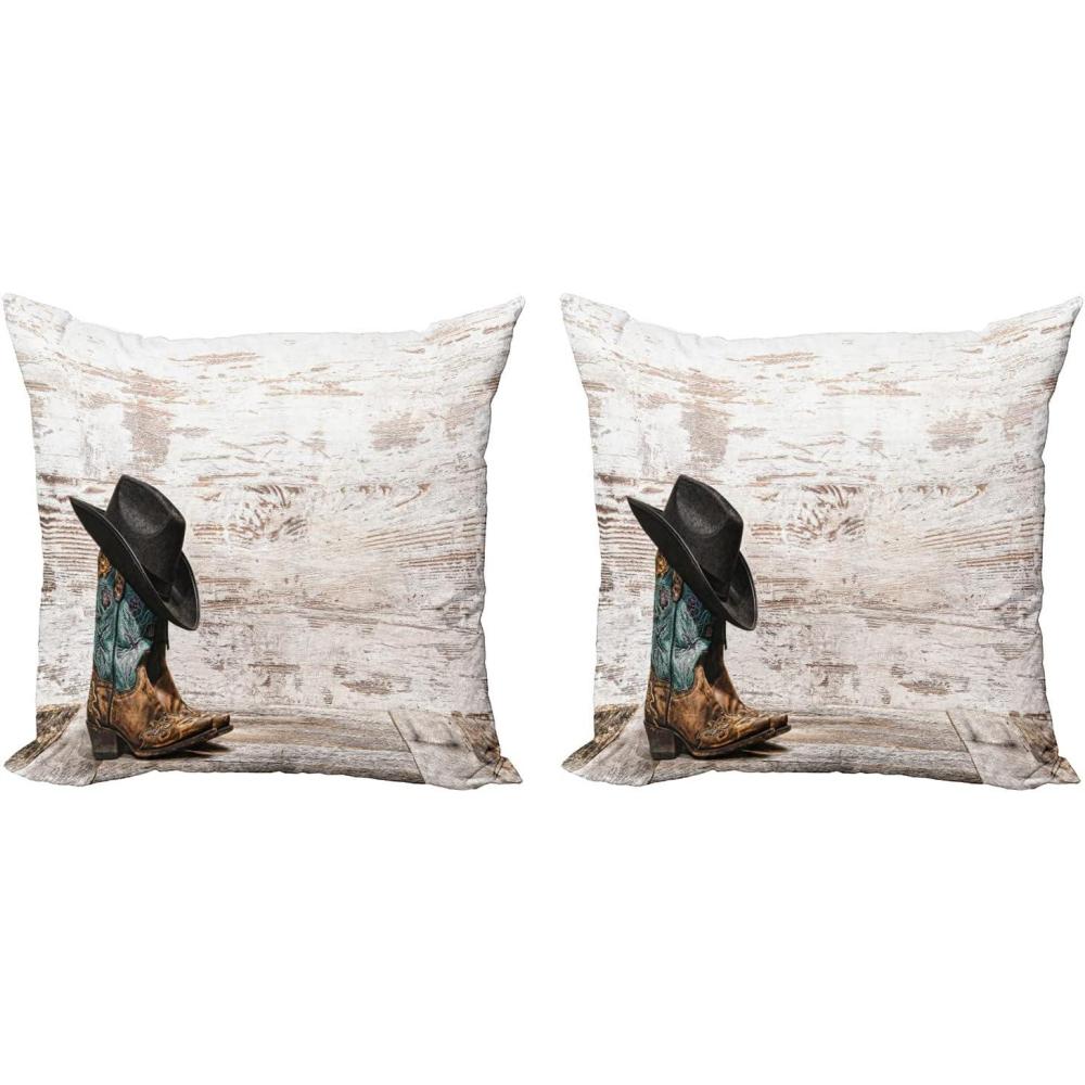 imageAmbesonne Western Decorative Throw Pillow Case Pack of 2 Traditional Rodeo Cowboy Hat and Cowgirl Boots Retro Grunge Background Art Photo Couch Bedroom Living Room Cushion Cover 20 Brown BlackBrown Black