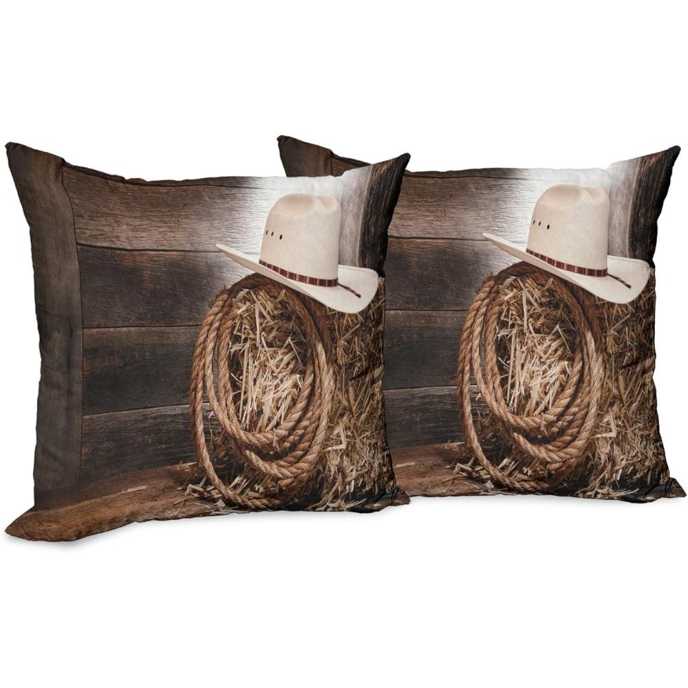 imageAmbesonne Western Decorative Throw Pillow Case Pack of 2 Traditional Rodeo Cowboy Hat and Cowgirl Boots Retro Grunge Background Art Photo Couch Bedroom Living Room Cushion Cover 20 Brown BlackBrown Umber
