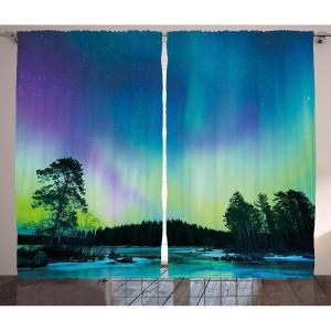 Ambesonne Aurora Borealis Curtains, Sky Over Lake Surrounded Forest Woods Hemisphere Print, Living Room Bedroom Window Drapes 2 Panel Set, 108″ X 84″, Violet Green