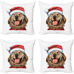 Ambesonne Labrador Decorative Throw Pillow Case Pack of 4, Funny Terrier Smiling in Xmas Dress Santa Clause Hat Celebration Theme, Cushion Cover for Couch Living Room Car, 20″, Dark Coral Caramel(18″)