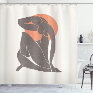 Ambesonne Mid Century Modern Boho Shower Curtain, Simple Silhouette of Lady with Peach Tone Sun Round Print, Cloth Fabric Bathroom Decor Set with Hooks, 69″ W x 75″ L, Salmon Dimgray White
