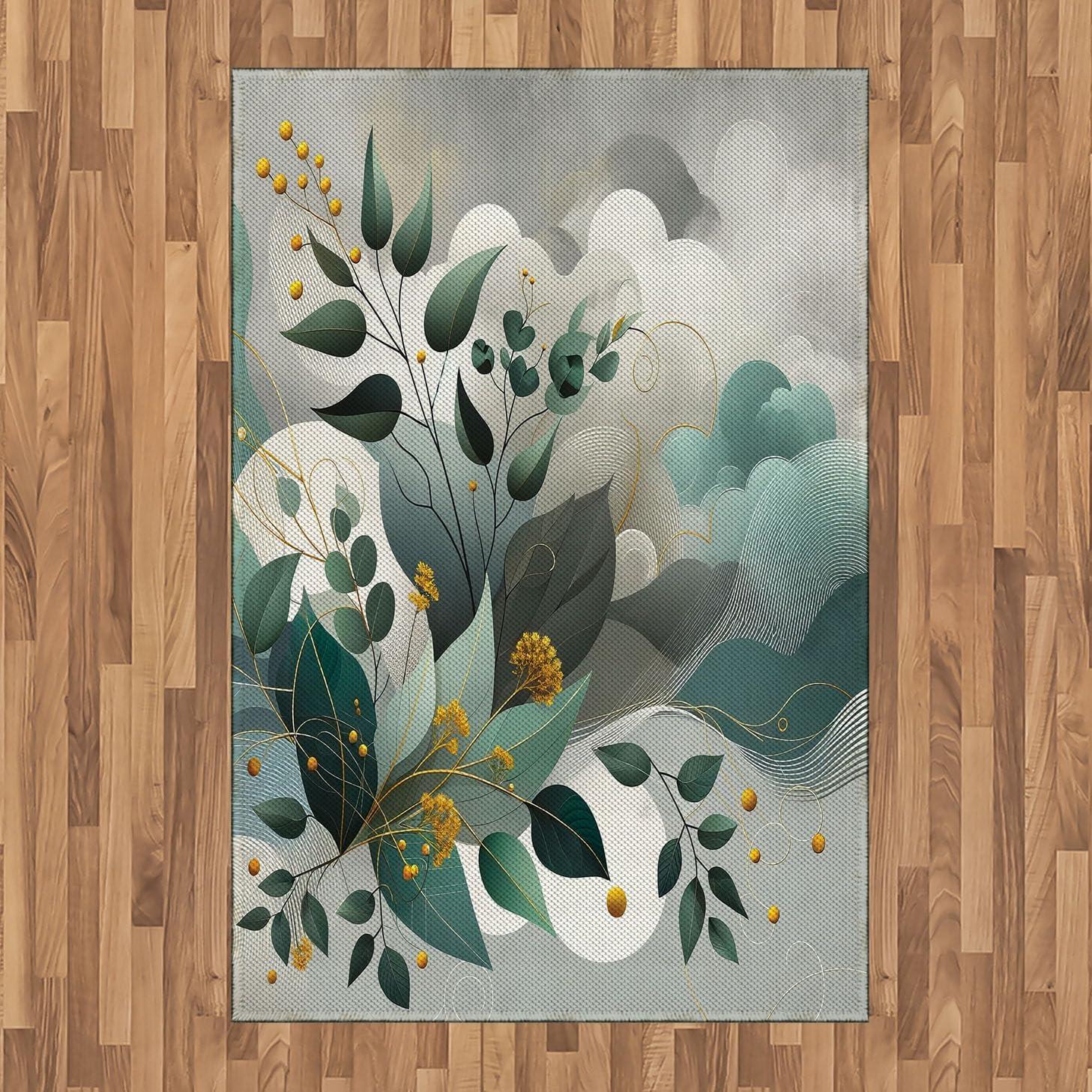 imageAmbesonne Eucalyptus Leaves Area Rug Gloomy Love of Nature on Neutral Watercolor Art Background Flat Woven Accent Rug for Living Room Bedroom Dining Room 2 6 x 5 Mustard and Reseda GreenDark Sea Green Grey Teal