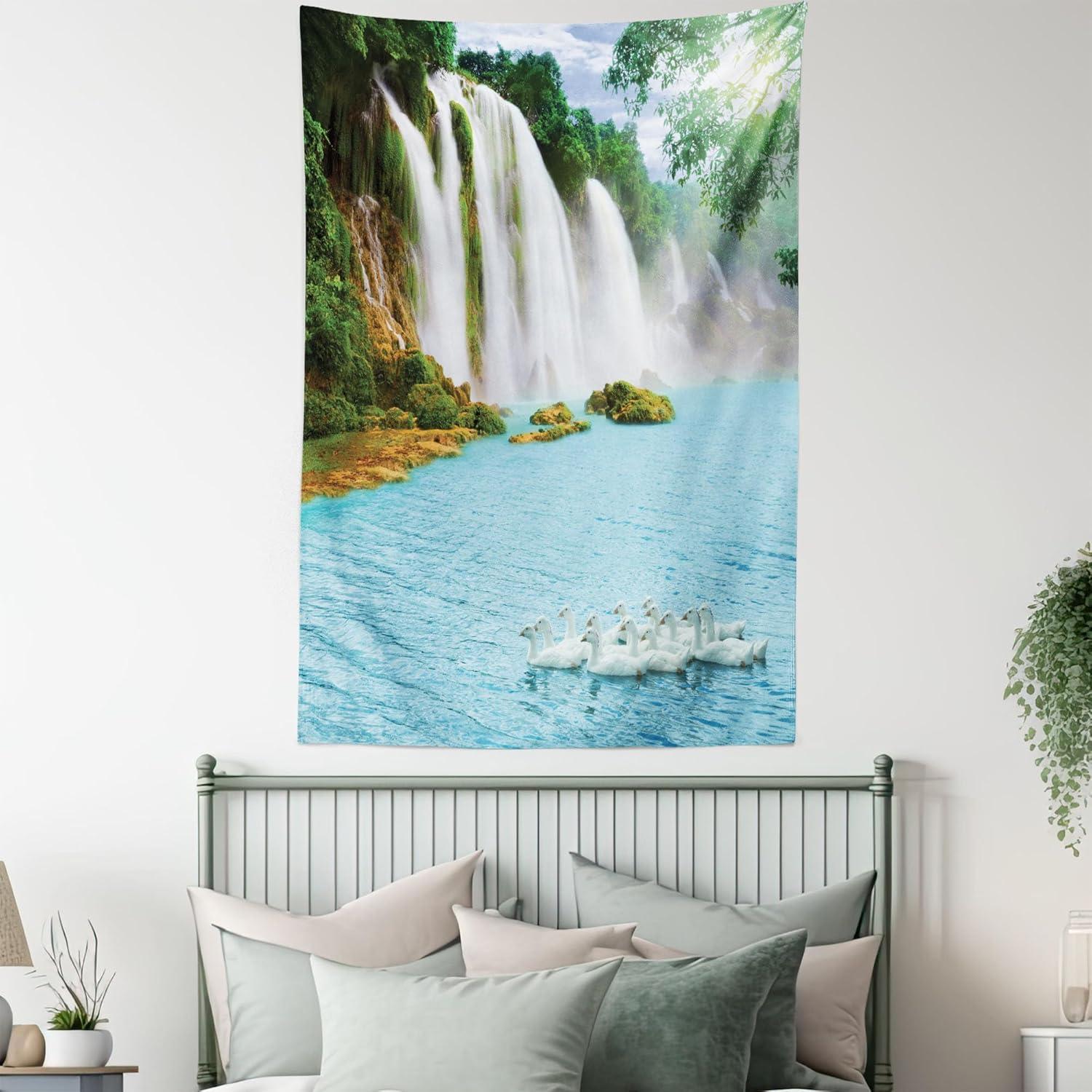imageAmbesonne Flower Tapestry Modern Lines Leafy Eucalyptus Pattern with Tender Sunflower and Peony Fabric Wall Hanging Decor for Bedroom Living Room Dorm 28 X 23 Grey Teal Laurel GreenBlue Green White