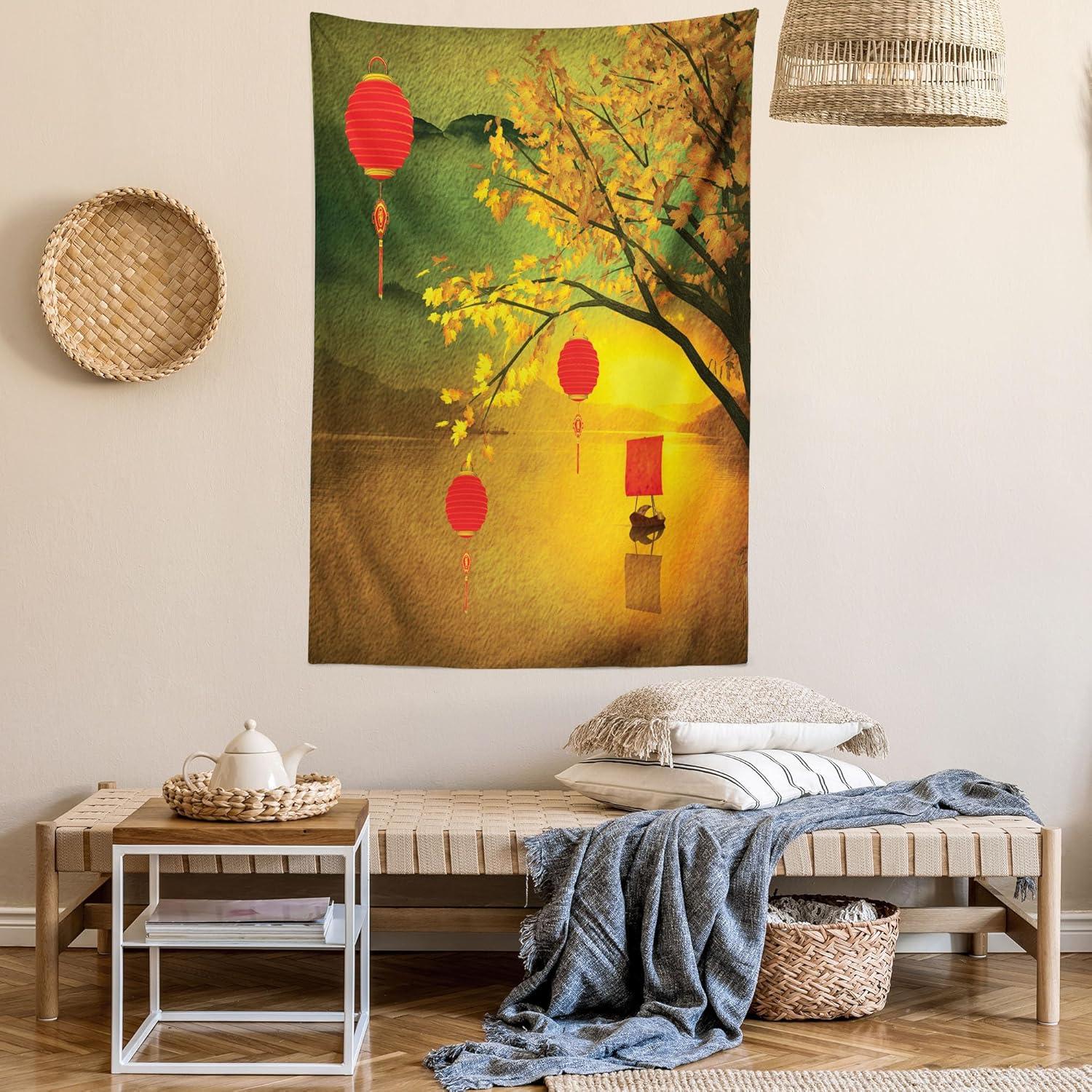 imageAmbesonne Flower Tapestry Modern Lines Leafy Eucalyptus Pattern with Tender Sunflower and Peony Fabric Wall Hanging Decor for Bedroom Living Room Dorm 28 X 23 Grey Teal Laurel GreenYellow Green