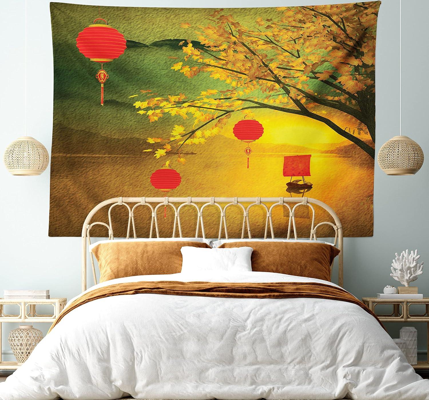 imageAmbesonne Flower Tapestry Modern Lines Leafy Eucalyptus Pattern with Tender Sunflower and Peony Fabric Wall Hanging Decor for Bedroom Living Room Dorm 28 X 23 Grey Teal Laurel GreenYellow Green