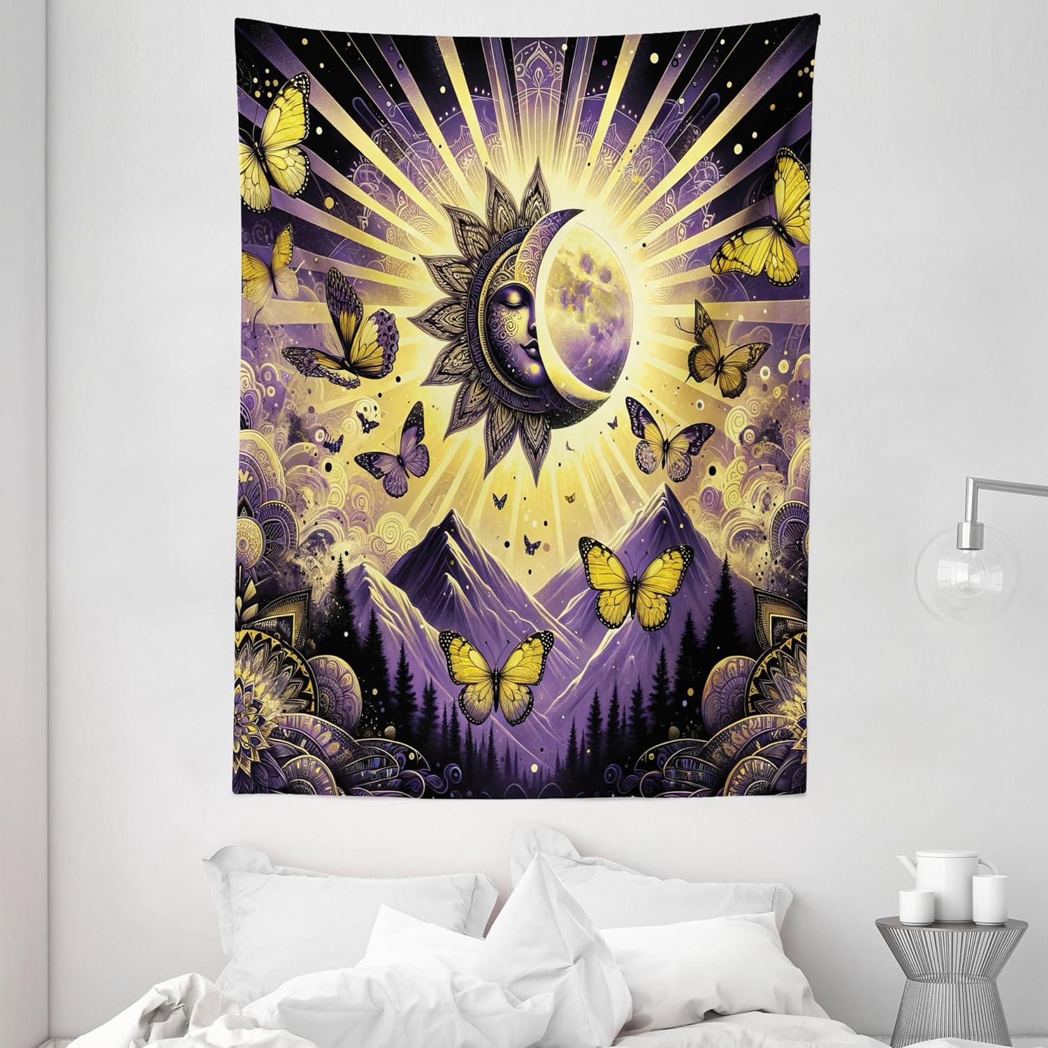 imageAmbesonne Flower Tapestry Modern Lines Leafy Eucalyptus Pattern with Tender Sunflower and Peony Fabric Wall Hanging Decor for Bedroom Living Room Dorm 28 X 23 Grey Teal Laurel GreenViolet Mustard Dark Grey