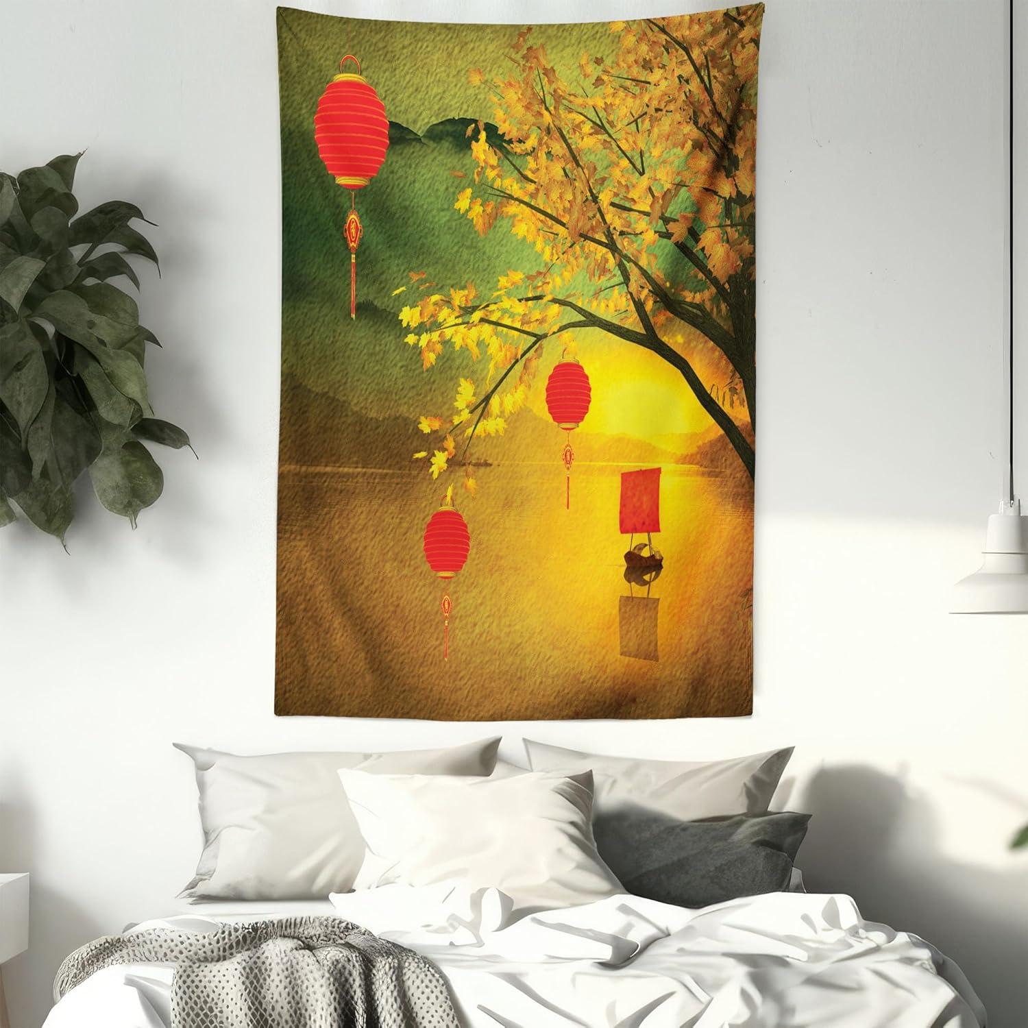 imageAmbesonne Flower Tapestry Modern Lines Leafy Eucalyptus Pattern with Tender Sunflower and Peony Fabric Wall Hanging Decor for Bedroom Living Room Dorm 28 X 23 Grey Teal Laurel GreenYellow Green