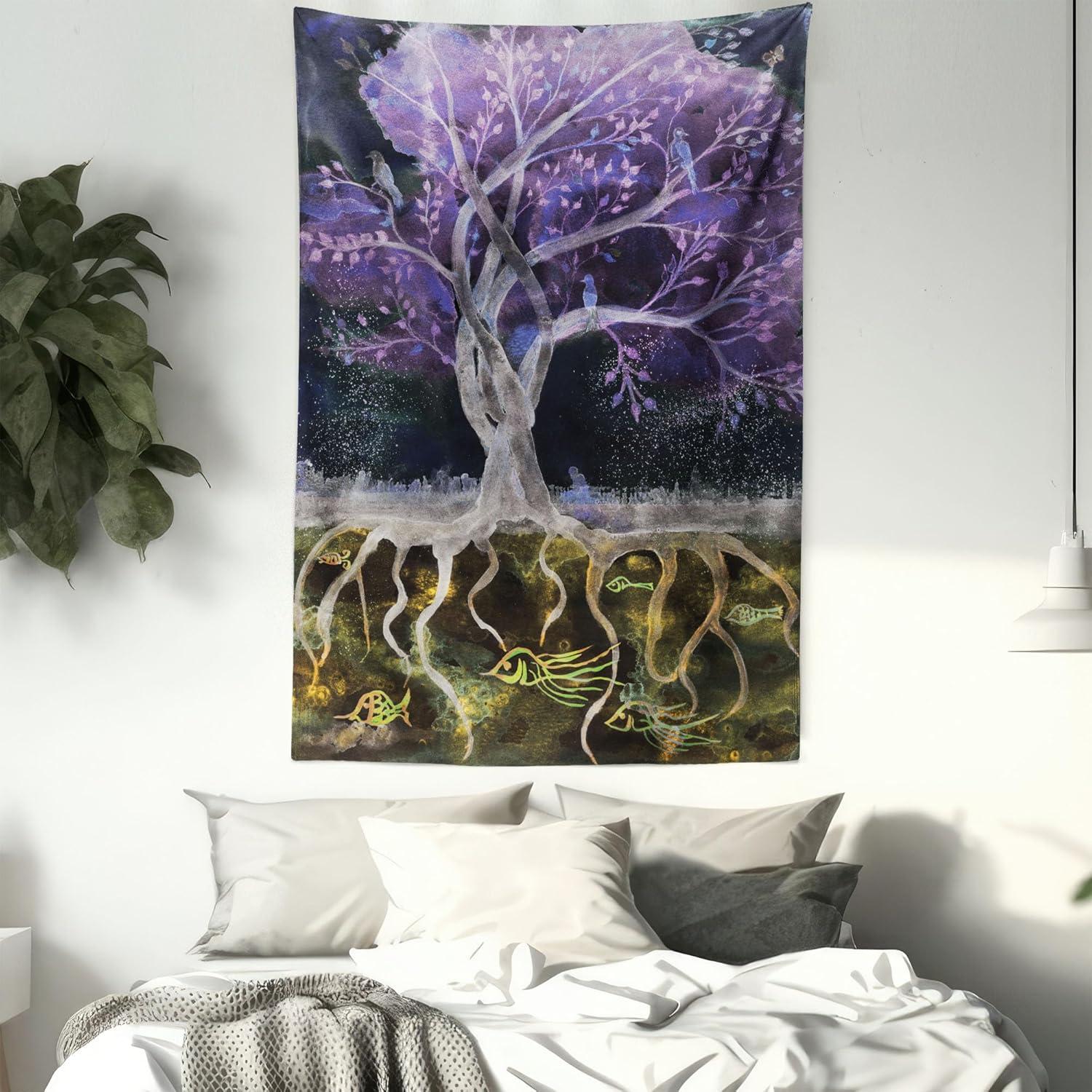 imageAmbesonne Flower Tapestry Modern Lines Leafy Eucalyptus Pattern with Tender Sunflower and Peony Fabric Wall Hanging Decor for Bedroom Living Room Dorm 28 X 23 Grey Teal Laurel GreenPurple Black