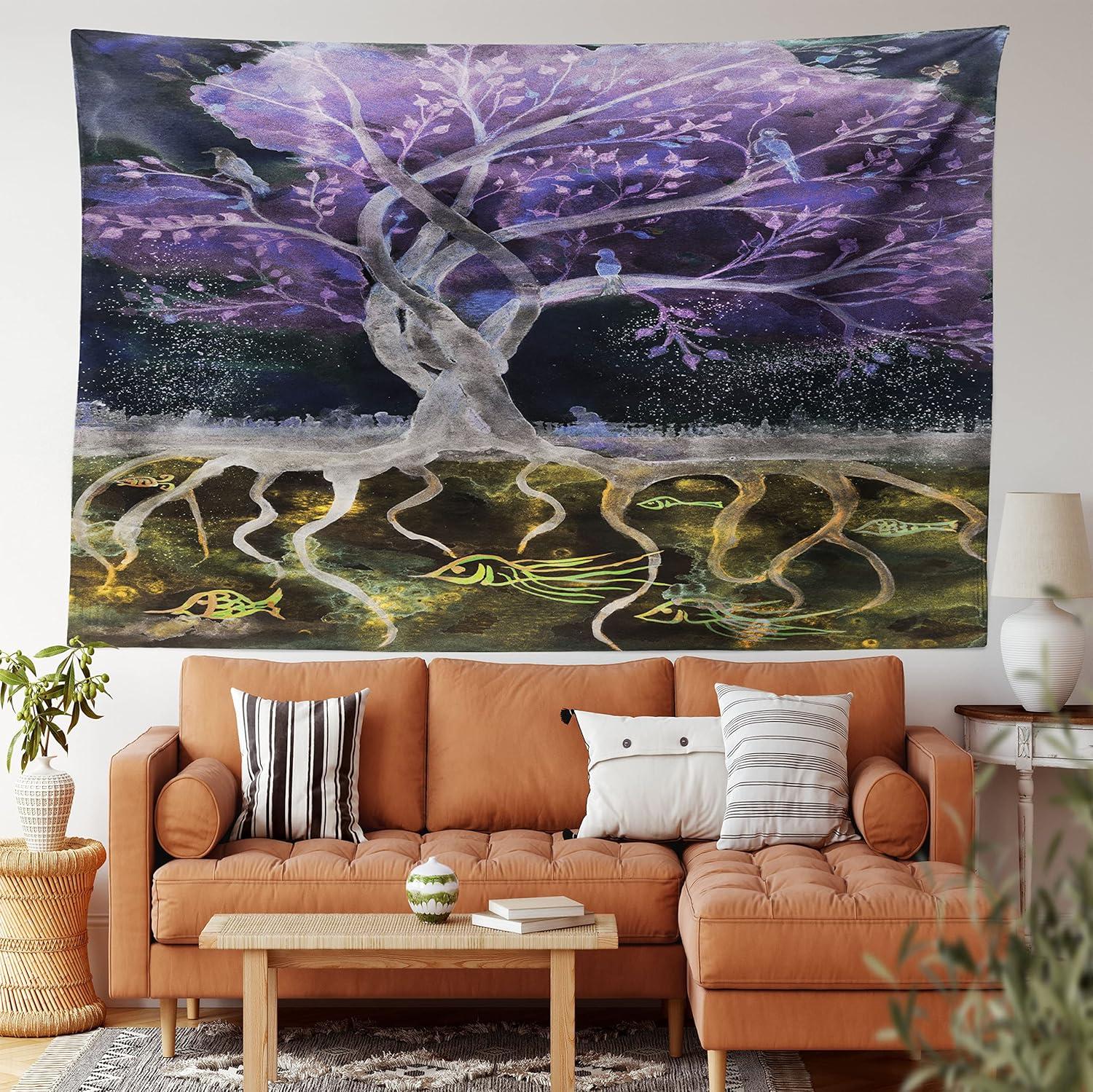 imageAmbesonne Flower Tapestry Modern Lines Leafy Eucalyptus Pattern with Tender Sunflower and Peony Fabric Wall Hanging Decor for Bedroom Living Room Dorm 28 X 23 Grey Teal Laurel GreenPurple Black