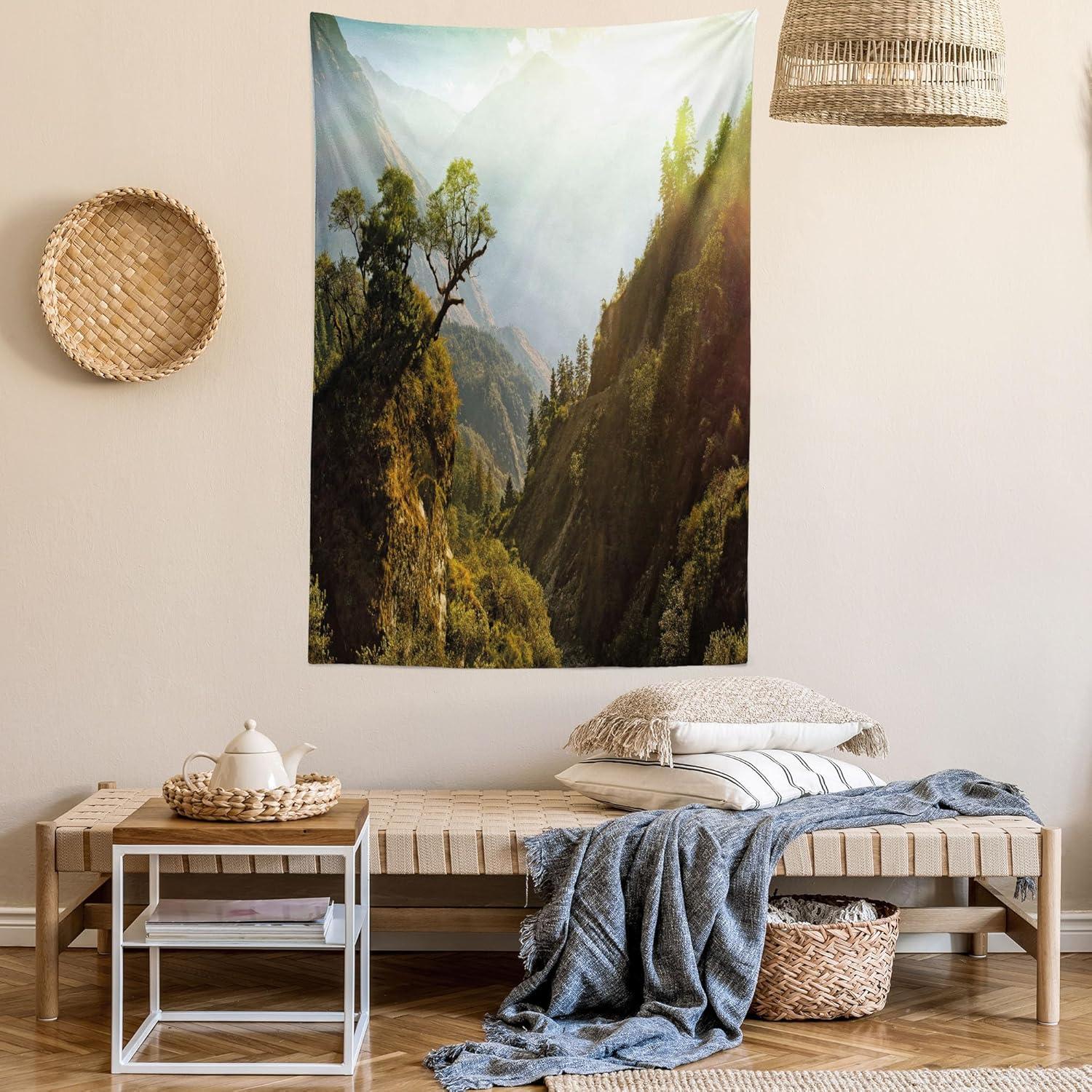 imageAmbesonne Flower Tapestry Modern Lines Leafy Eucalyptus Pattern with Tender Sunflower and Peony Fabric Wall Hanging Decor for Bedroom Living Room Dorm 28 X 23 Grey Teal Laurel GreenGreen Pale Yellow