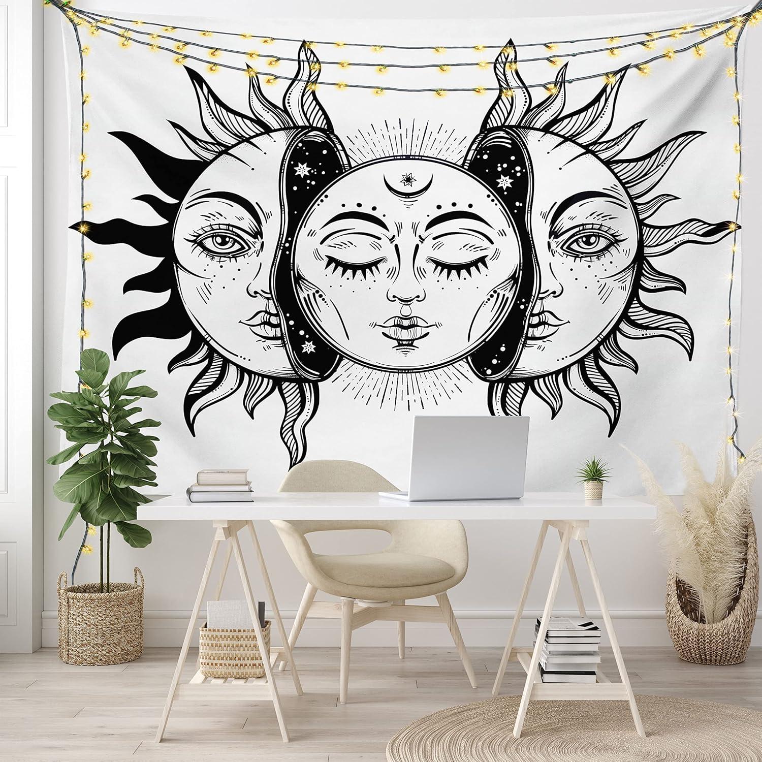imageAmbesonne Flower Tapestry Modern Lines Leafy Eucalyptus Pattern with Tender Sunflower and Peony Fabric Wall Hanging Decor for Bedroom Living Room Dorm 28 X 23 Grey Teal Laurel GreenBlack White