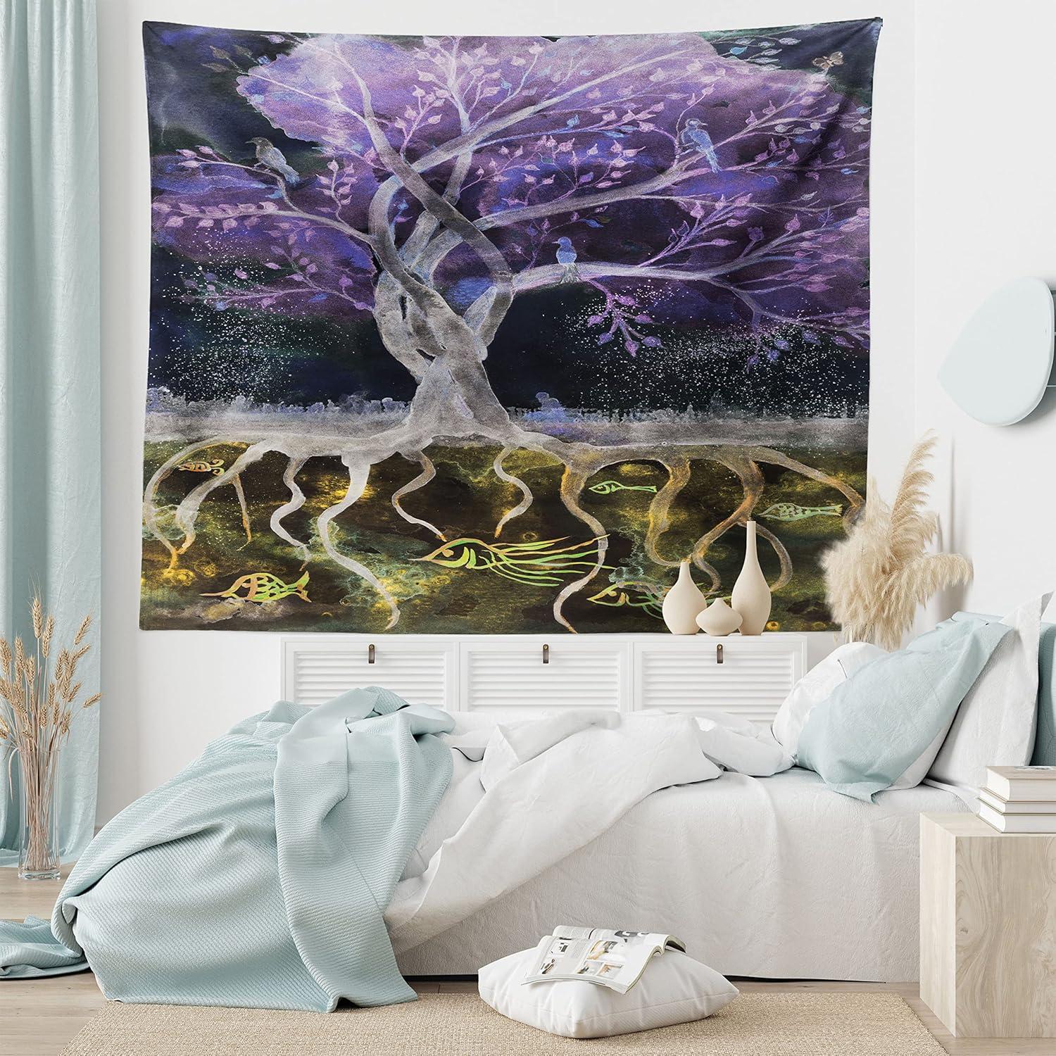 imageAmbesonne Flower Tapestry Modern Lines Leafy Eucalyptus Pattern with Tender Sunflower and Peony Fabric Wall Hanging Decor for Bedroom Living Room Dorm 28 X 23 Grey Teal Laurel GreenPurple Black
