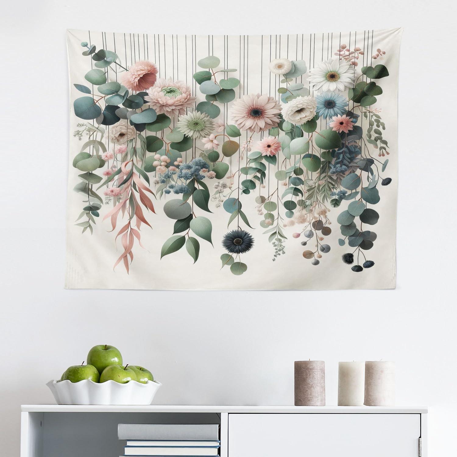 imageAmbesonne Flower Tapestry Modern Lines Leafy Eucalyptus Pattern with Tender Sunflower and Peony Fabric Wall Hanging Decor for Bedroom Living Room Dorm 28 X 23 Grey Teal Laurel GreenGrey Teal Laurel Green