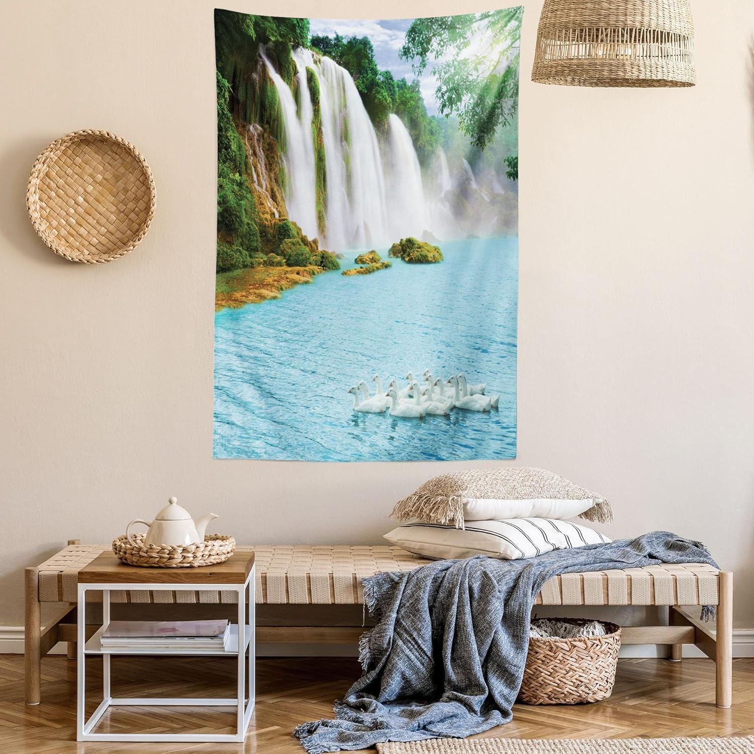 imageAmbesonne Flower Tapestry Modern Lines Leafy Eucalyptus Pattern with Tender Sunflower and Peony Fabric Wall Hanging Decor for Bedroom Living Room Dorm 28 X 23 Grey Teal Laurel GreenBlue Green White