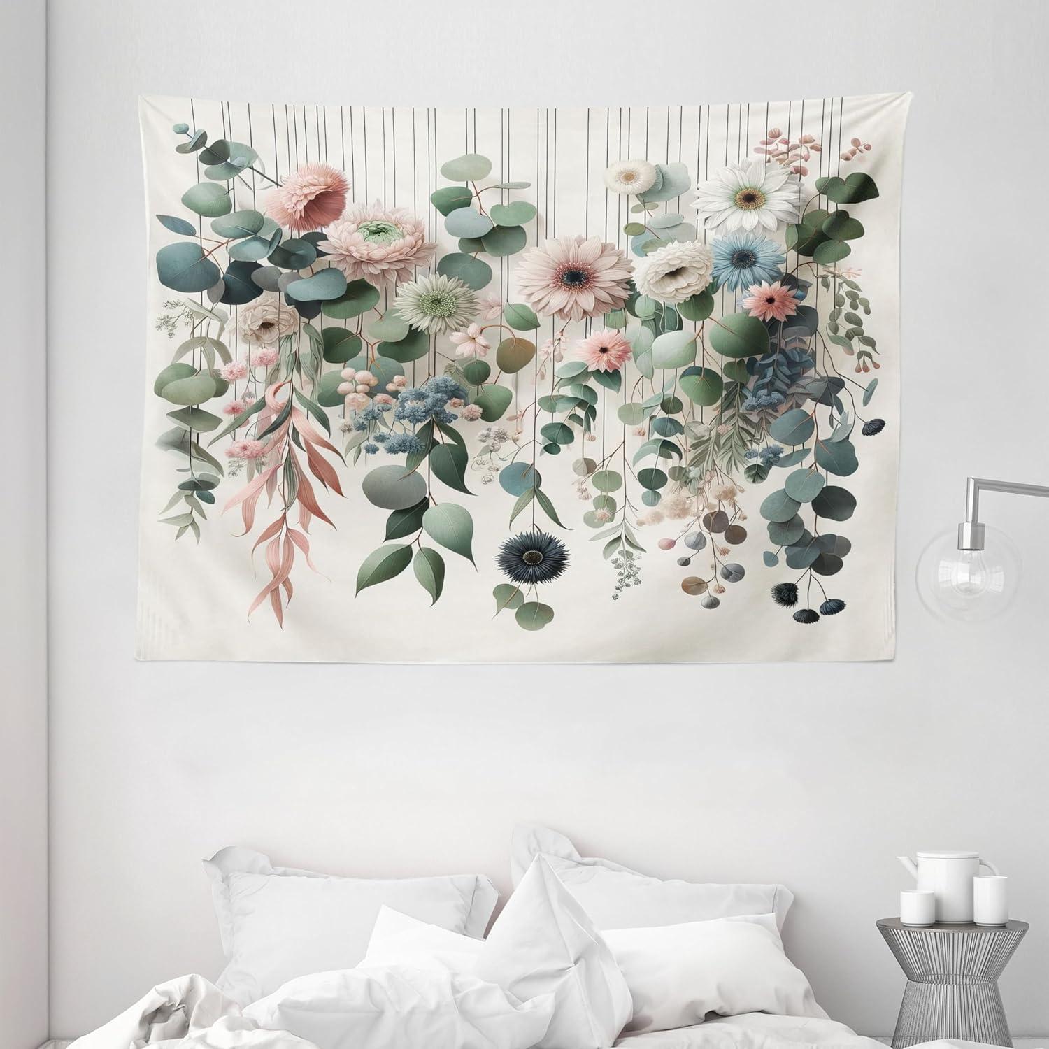 imageAmbesonne Flower Tapestry Modern Lines Leafy Eucalyptus Pattern with Tender Sunflower and Peony Fabric Wall Hanging Decor for Bedroom Living Room Dorm 28 X 23 Grey Teal Laurel GreenGrey Teal Laurel Green