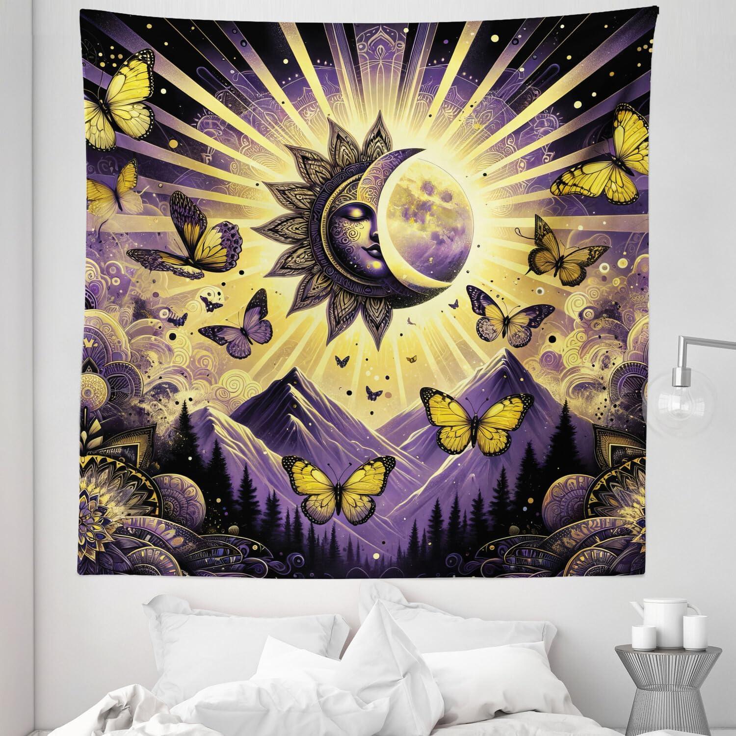 imageAmbesonne Flower Tapestry Modern Lines Leafy Eucalyptus Pattern with Tender Sunflower and Peony Fabric Wall Hanging Decor for Bedroom Living Room Dorm 28 X 23 Grey Teal Laurel GreenViolet Mustard Dark Grey