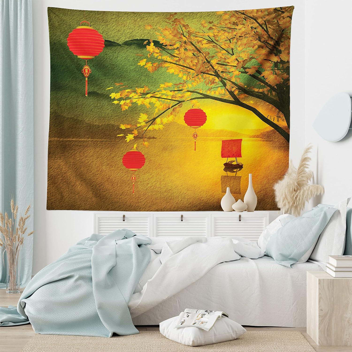 imageAmbesonne Flower Tapestry Modern Lines Leafy Eucalyptus Pattern with Tender Sunflower and Peony Fabric Wall Hanging Decor for Bedroom Living Room Dorm 28 X 23 Grey Teal Laurel GreenYellow Green