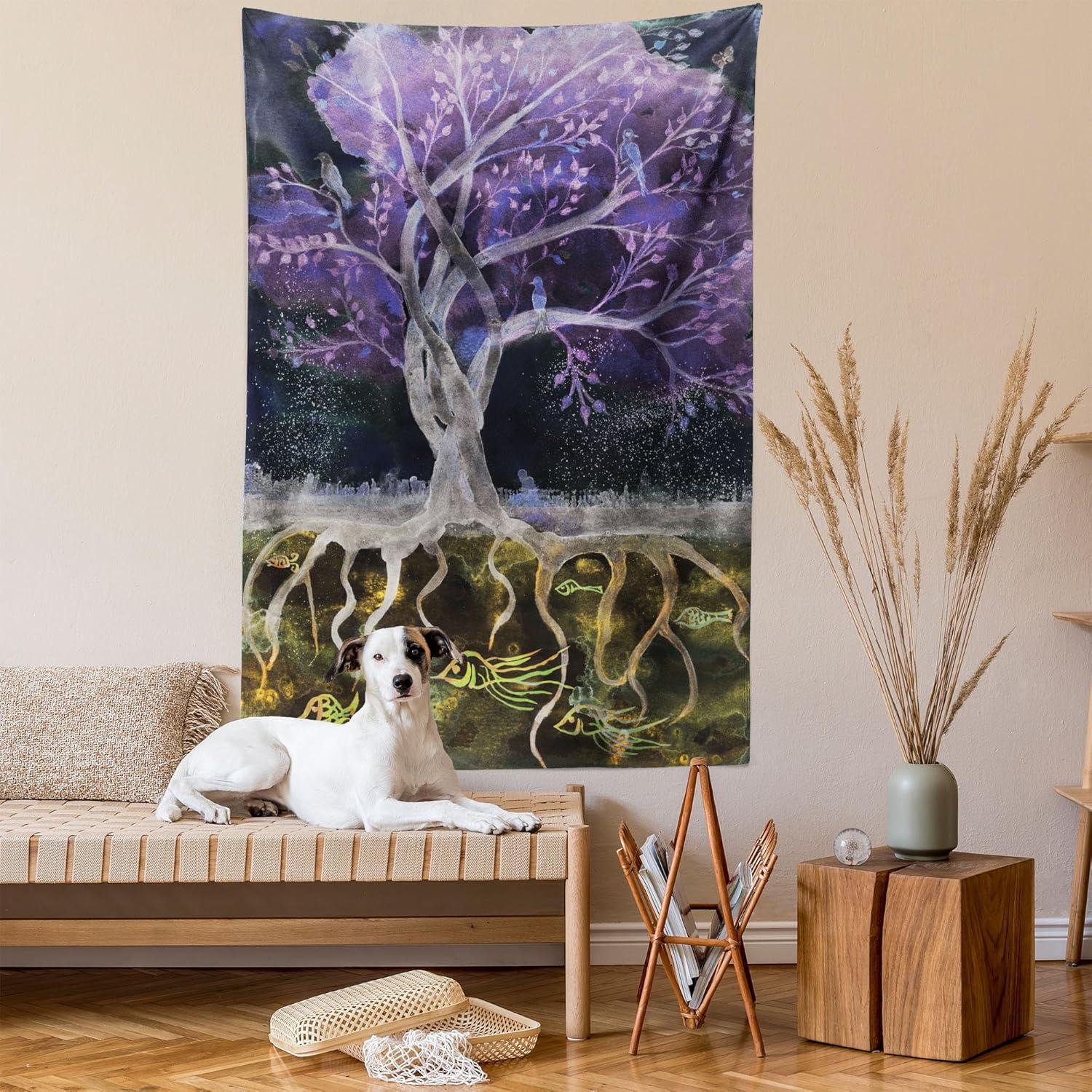 imageAmbesonne Flower Tapestry Modern Lines Leafy Eucalyptus Pattern with Tender Sunflower and Peony Fabric Wall Hanging Decor for Bedroom Living Room Dorm 28 X 23 Grey Teal Laurel GreenPurple Black