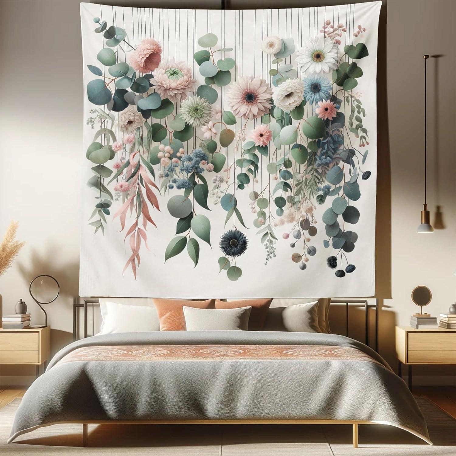 imageAmbesonne Flower Tapestry Modern Lines Leafy Eucalyptus Pattern with Tender Sunflower and Peony Fabric Wall Hanging Decor for Bedroom Living Room Dorm 28 X 23 Grey Teal Laurel GreenGrey Teal Laurel Green