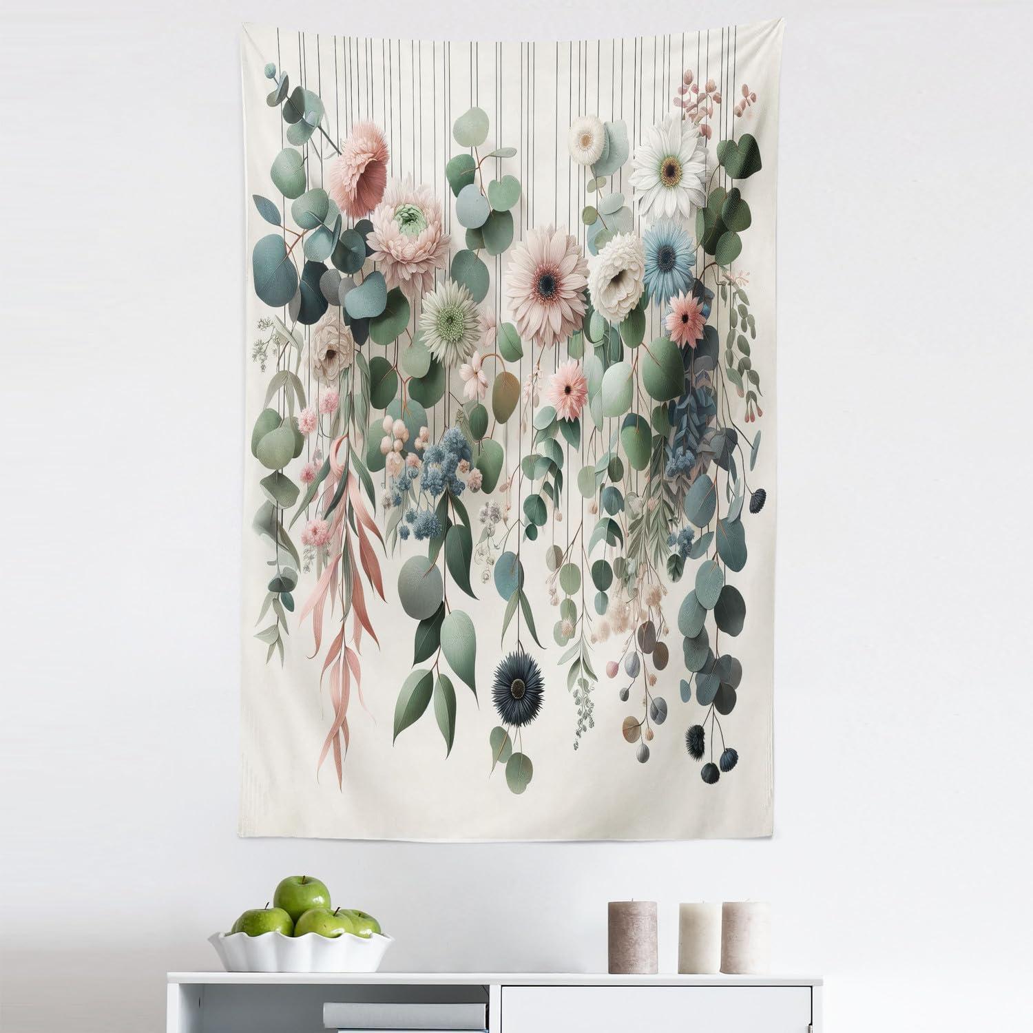 imageAmbesonne Flower Tapestry Modern Lines Leafy Eucalyptus Pattern with Tender Sunflower and Peony Fabric Wall Hanging Decor for Bedroom Living Room Dorm 28 X 23 Grey Teal Laurel GreenGrey Teal Laurel Green