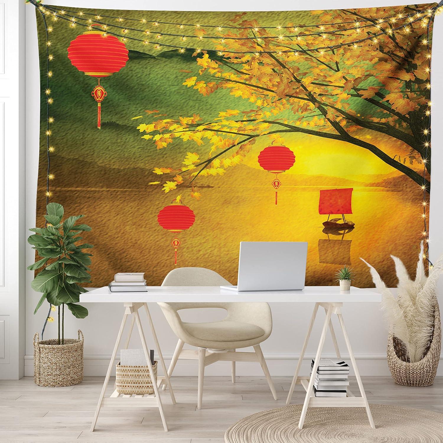 imageAmbesonne Flower Tapestry Modern Lines Leafy Eucalyptus Pattern with Tender Sunflower and Peony Fabric Wall Hanging Decor for Bedroom Living Room Dorm 28 X 23 Grey Teal Laurel GreenYellow Green
