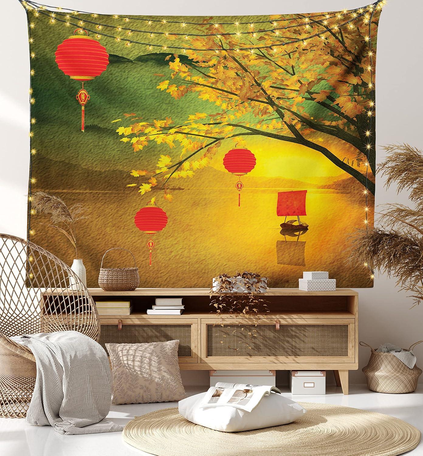 imageAmbesonne Flower Tapestry Modern Lines Leafy Eucalyptus Pattern with Tender Sunflower and Peony Fabric Wall Hanging Decor for Bedroom Living Room Dorm 28 X 23 Grey Teal Laurel GreenYellow Green