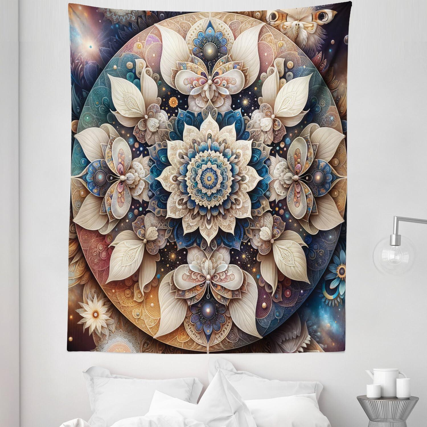 imageAmbesonne Flower Tapestry Modern Lines Leafy Eucalyptus Pattern with Tender Sunflower and Peony Fabric Wall Hanging Decor for Bedroom Living Room Dorm 28 X 23 Grey Teal Laurel GreenEggshell Sea Blue Indigo