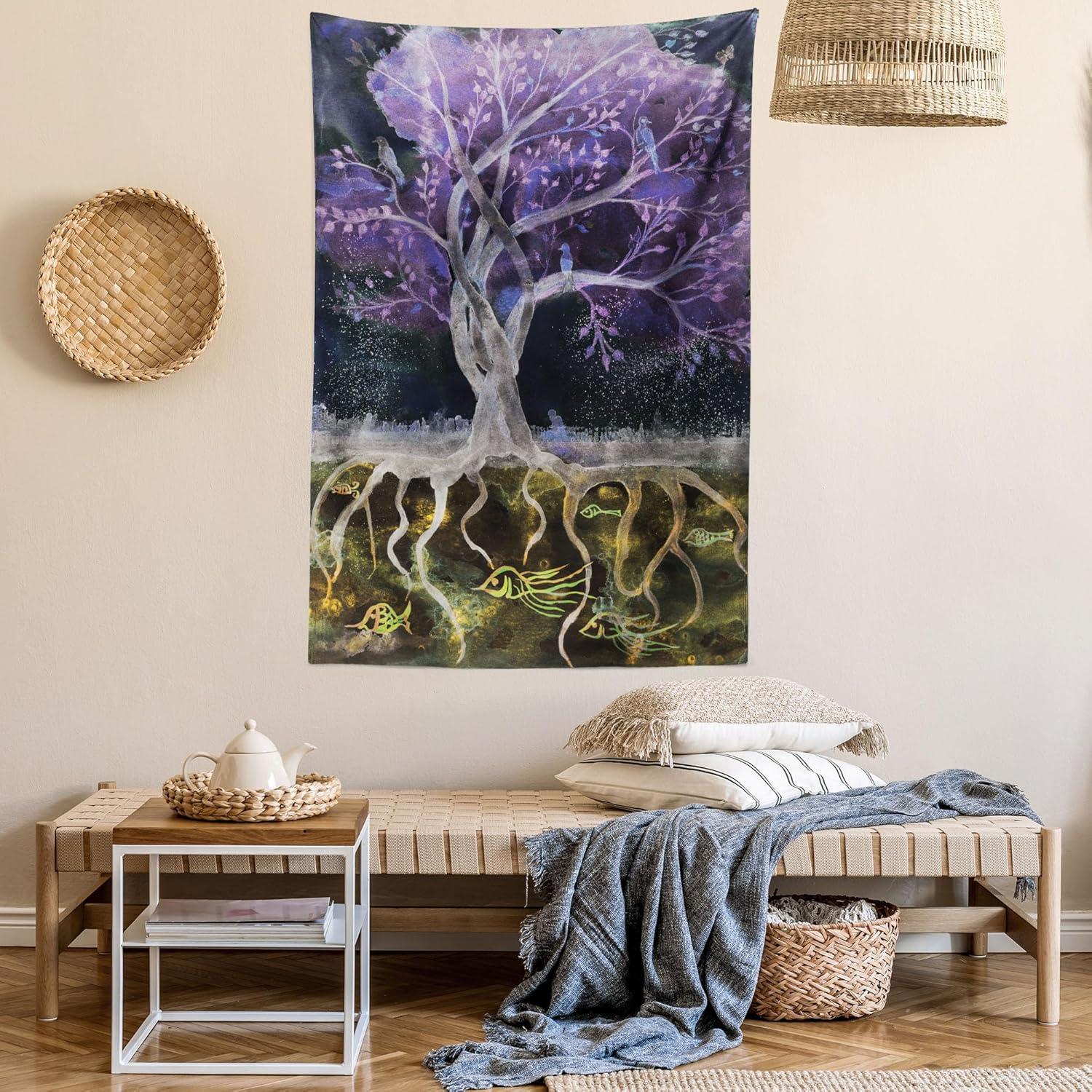 imageAmbesonne Flower Tapestry Modern Lines Leafy Eucalyptus Pattern with Tender Sunflower and Peony Fabric Wall Hanging Decor for Bedroom Living Room Dorm 28 X 23 Grey Teal Laurel GreenPurple Black