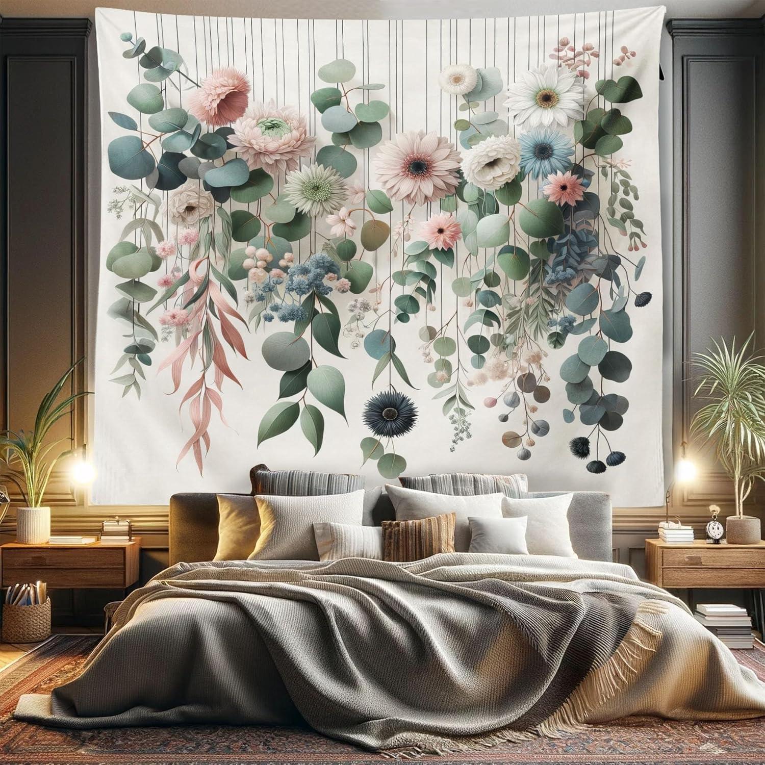 imageAmbesonne Flower Tapestry Modern Lines Leafy Eucalyptus Pattern with Tender Sunflower and Peony Fabric Wall Hanging Decor for Bedroom Living Room Dorm 28 X 23 Grey Teal Laurel GreenGrey Teal Laurel Green