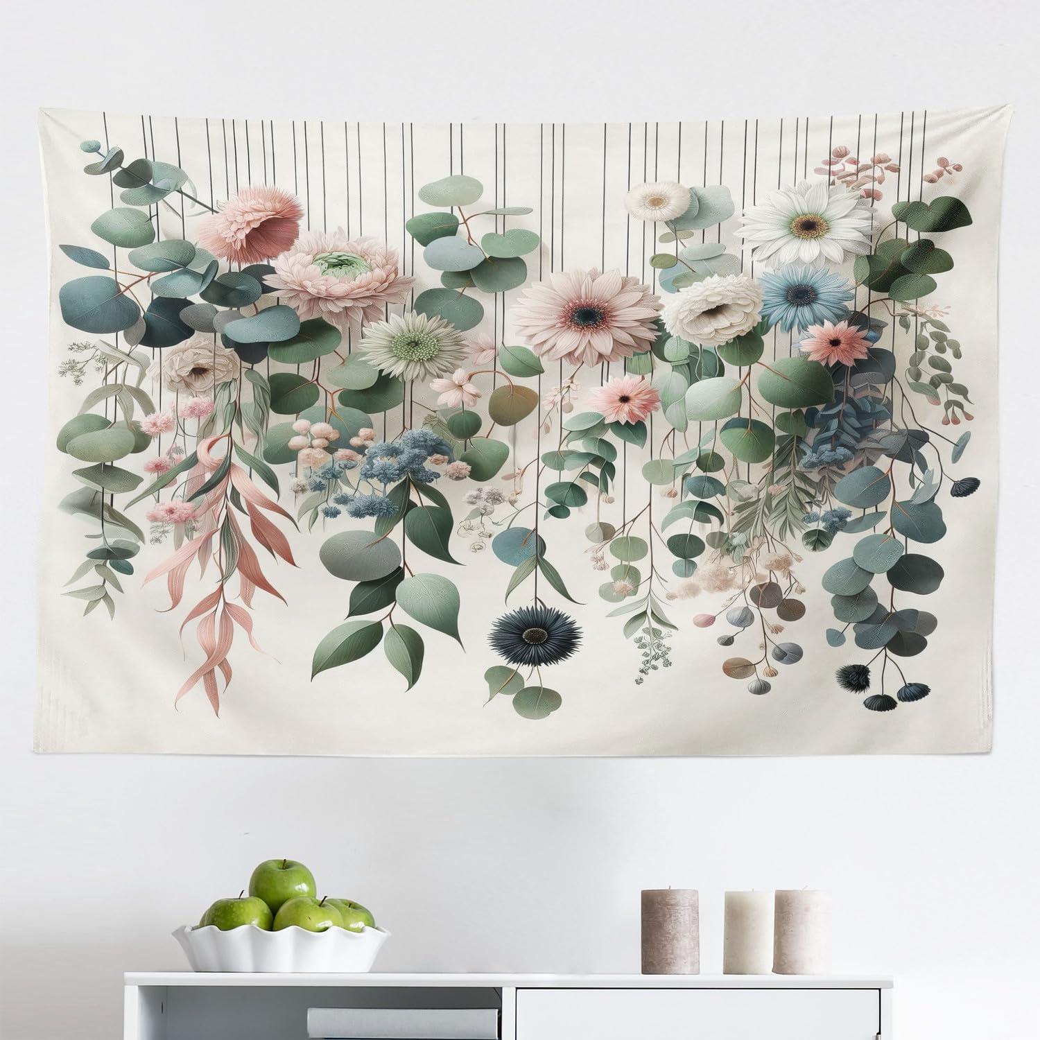 imageAmbesonne Flower Tapestry Modern Lines Leafy Eucalyptus Pattern with Tender Sunflower and Peony Fabric Wall Hanging Decor for Bedroom Living Room Dorm 28 X 23 Grey Teal Laurel GreenGrey Teal Laurel Green