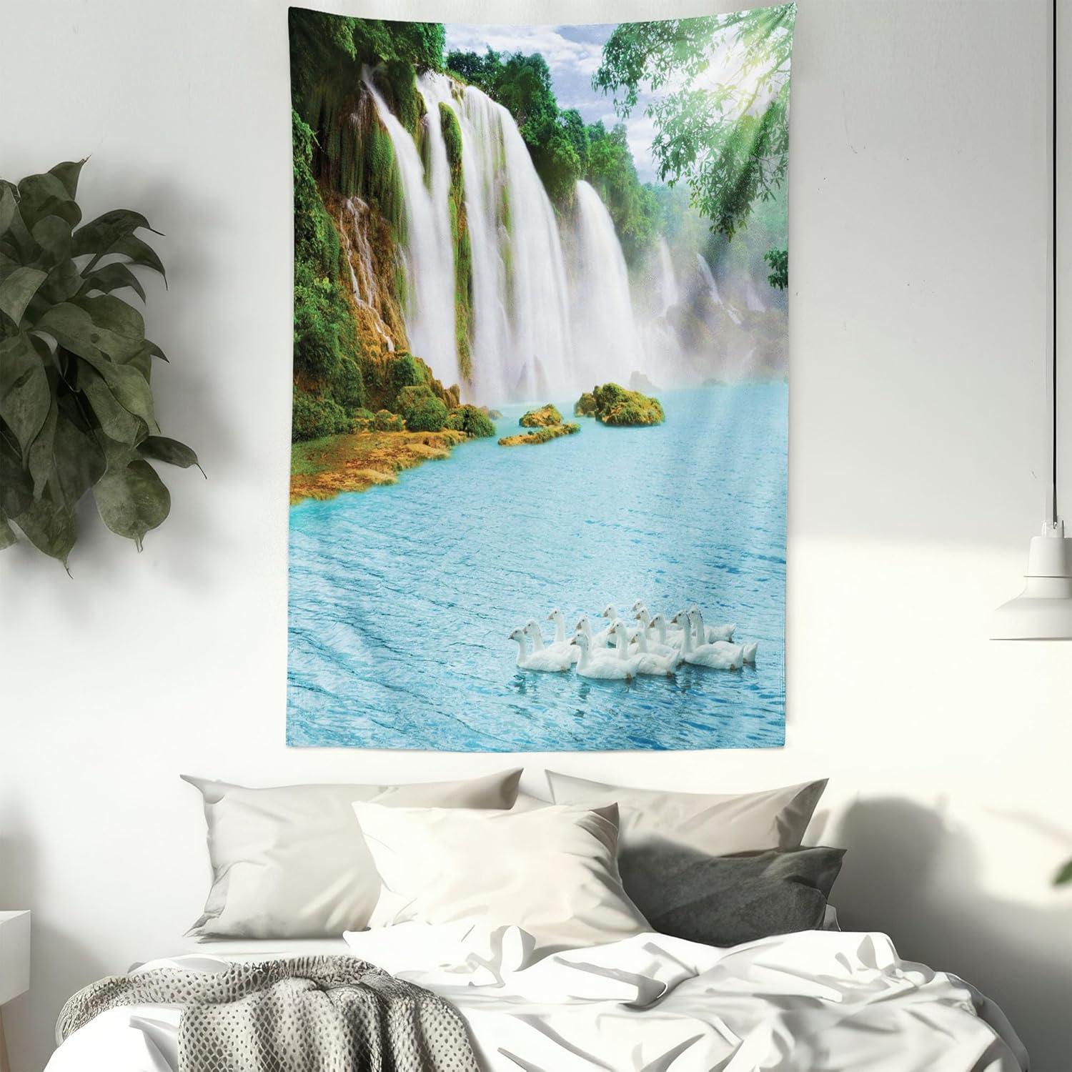 imageAmbesonne Flower Tapestry Modern Lines Leafy Eucalyptus Pattern with Tender Sunflower and Peony Fabric Wall Hanging Decor for Bedroom Living Room Dorm 28 X 23 Grey Teal Laurel GreenBlue Green White