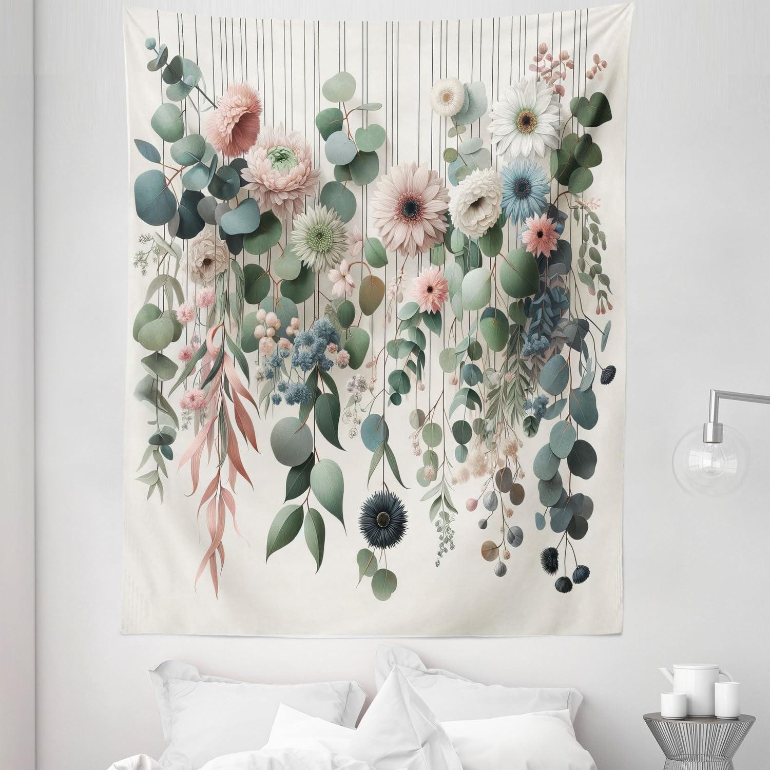 imageAmbesonne Flower Tapestry Modern Lines Leafy Eucalyptus Pattern with Tender Sunflower and Peony Fabric Wall Hanging Decor for Bedroom Living Room Dorm 28 X 23 Grey Teal Laurel GreenGrey Teal Laurel Green