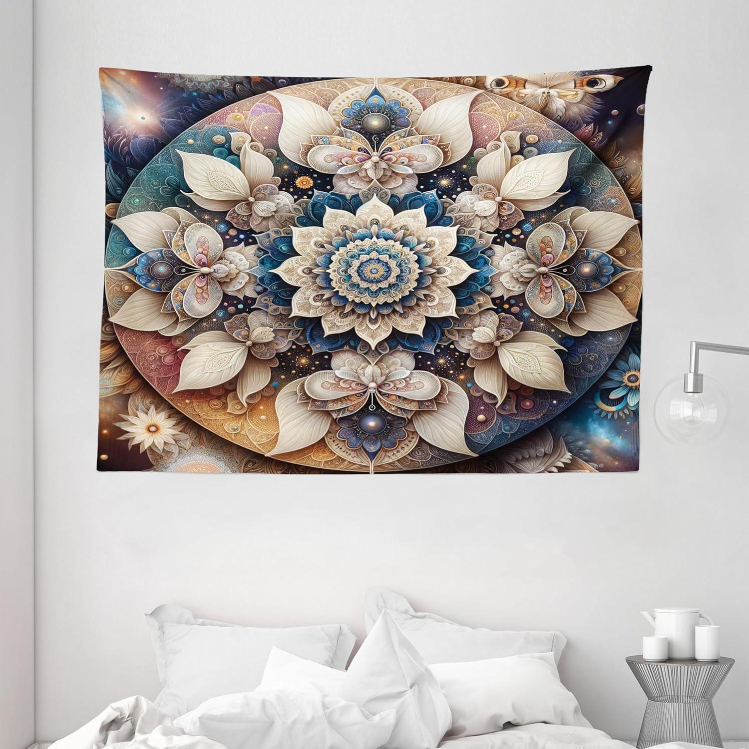 imageAmbesonne Flower Tapestry Modern Lines Leafy Eucalyptus Pattern with Tender Sunflower and Peony Fabric Wall Hanging Decor for Bedroom Living Room Dorm 28 X 23 Grey Teal Laurel GreenEggshell Sea Blue Indigo