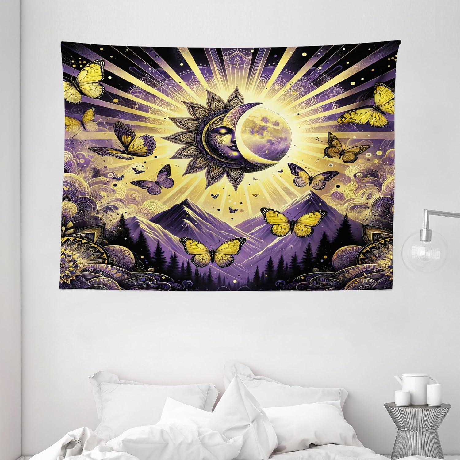 imageAmbesonne Flower Tapestry Modern Lines Leafy Eucalyptus Pattern with Tender Sunflower and Peony Fabric Wall Hanging Decor for Bedroom Living Room Dorm 28 X 23 Grey Teal Laurel GreenViolet Mustard Dark Grey