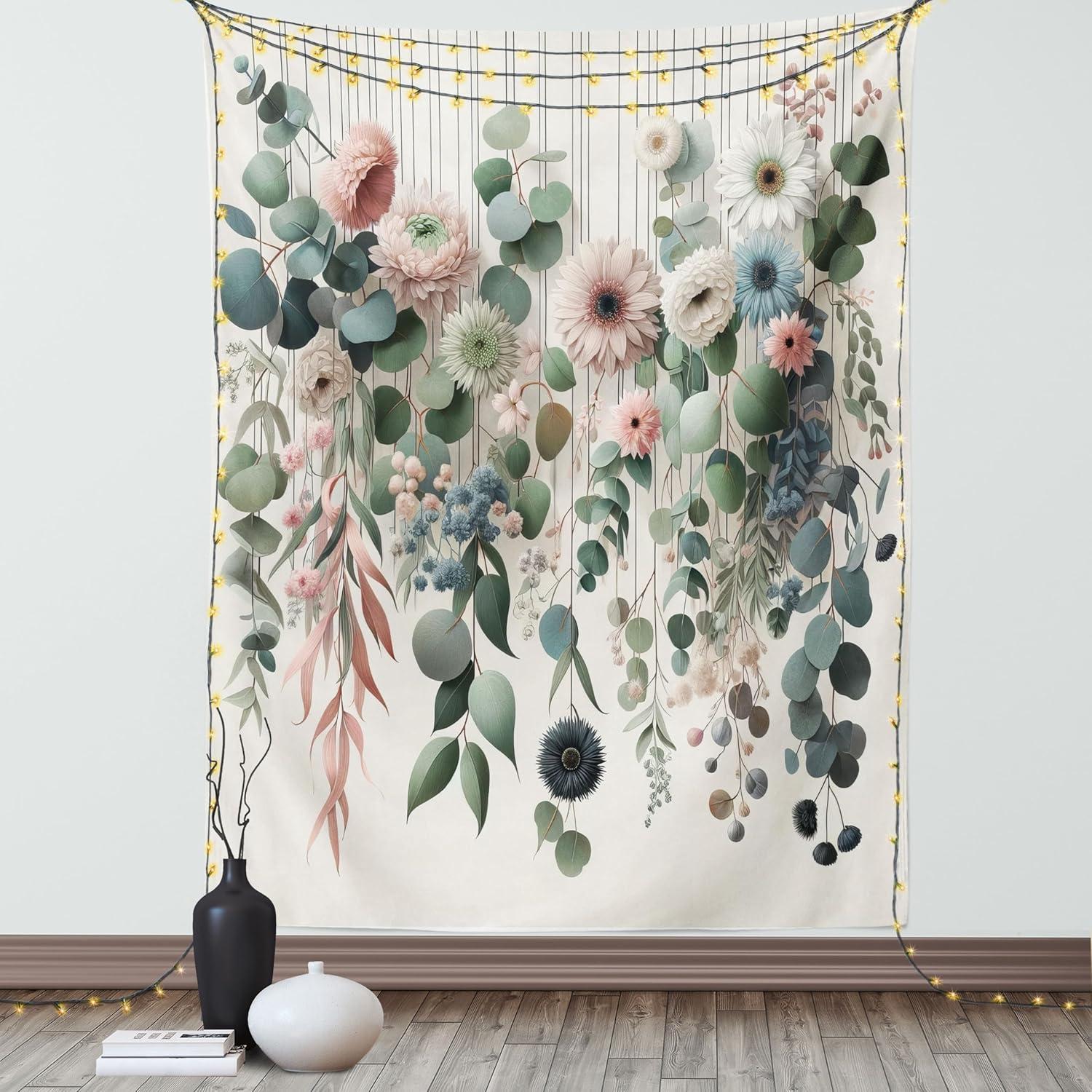 imageAmbesonne Flower Tapestry Modern Lines Leafy Eucalyptus Pattern with Tender Sunflower and Peony Fabric Wall Hanging Decor for Bedroom Living Room Dorm 28 X 23 Grey Teal Laurel GreenGrey Teal Laurel Green