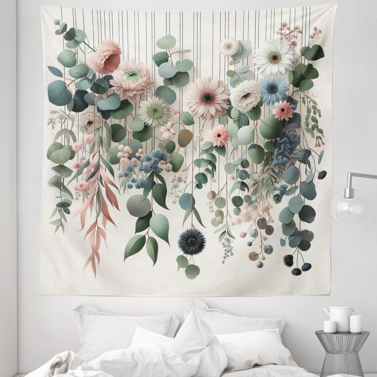 imageAmbesonne Flower Tapestry Modern Lines Leafy Eucalyptus Pattern with Tender Sunflower and Peony Fabric Wall Hanging Decor for Bedroom Living Room Dorm 28 X 23 Grey Teal Laurel GreenGrey Teal Laurel Green