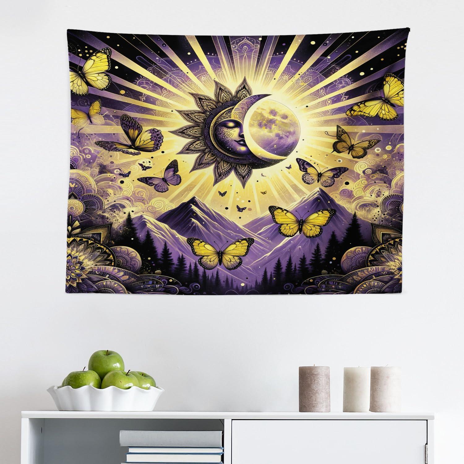 imageAmbesonne Flower Tapestry Modern Lines Leafy Eucalyptus Pattern with Tender Sunflower and Peony Fabric Wall Hanging Decor for Bedroom Living Room Dorm 28 X 23 Grey Teal Laurel GreenViolet Mustard Dark Grey