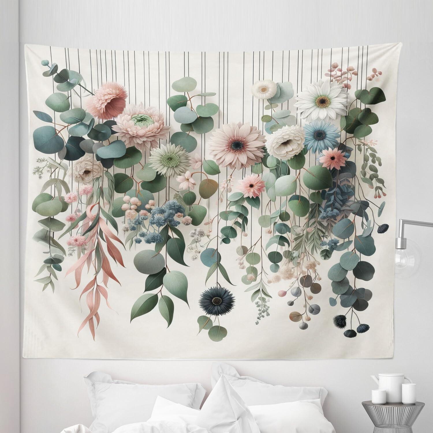 imageAmbesonne Flower Tapestry Modern Lines Leafy Eucalyptus Pattern with Tender Sunflower and Peony Fabric Wall Hanging Decor for Bedroom Living Room Dorm 28 X 23 Grey Teal Laurel GreenGrey Teal Laurel Green