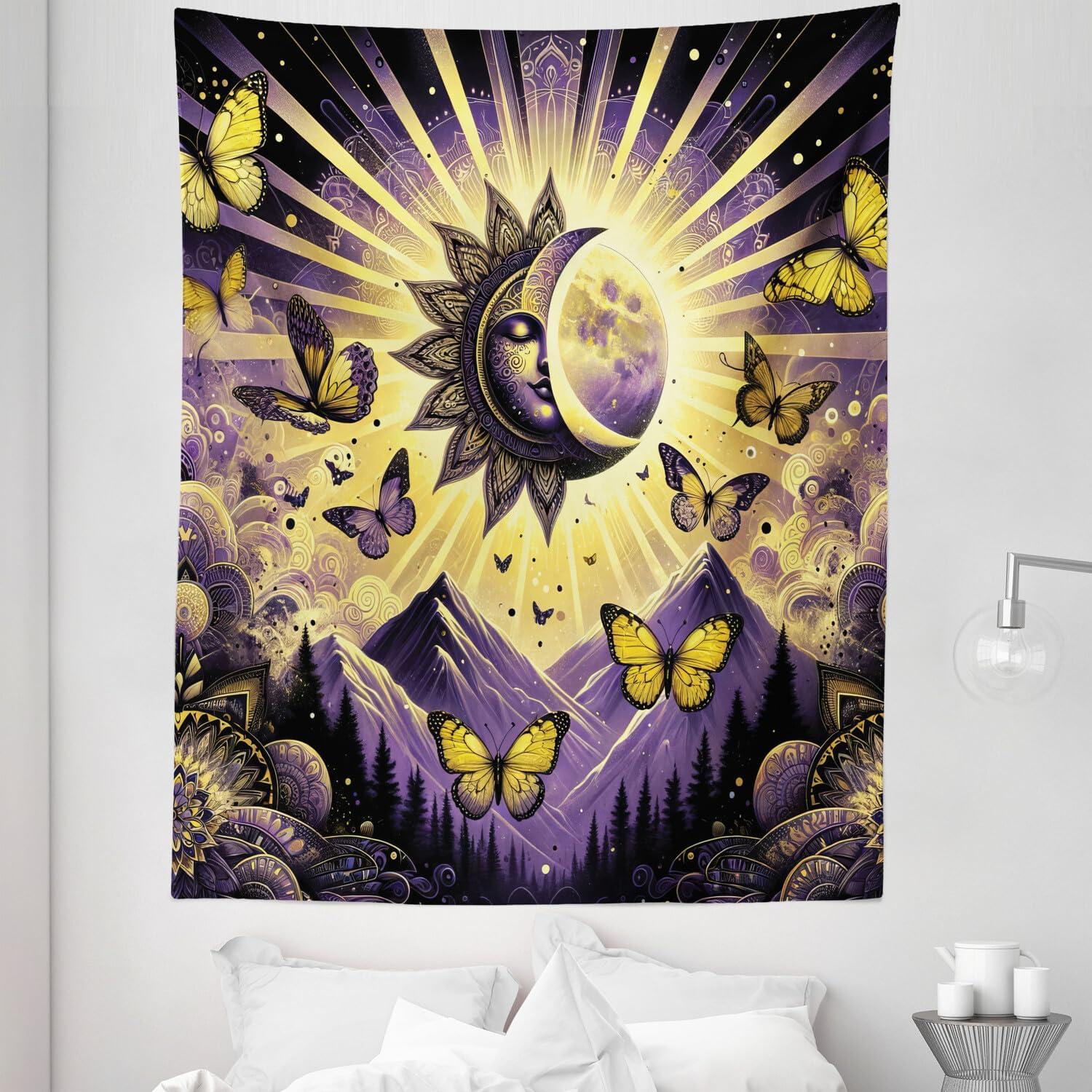 imageAmbesonne Flower Tapestry Modern Lines Leafy Eucalyptus Pattern with Tender Sunflower and Peony Fabric Wall Hanging Decor for Bedroom Living Room Dorm 28 X 23 Grey Teal Laurel GreenViolet Mustard Dark Grey