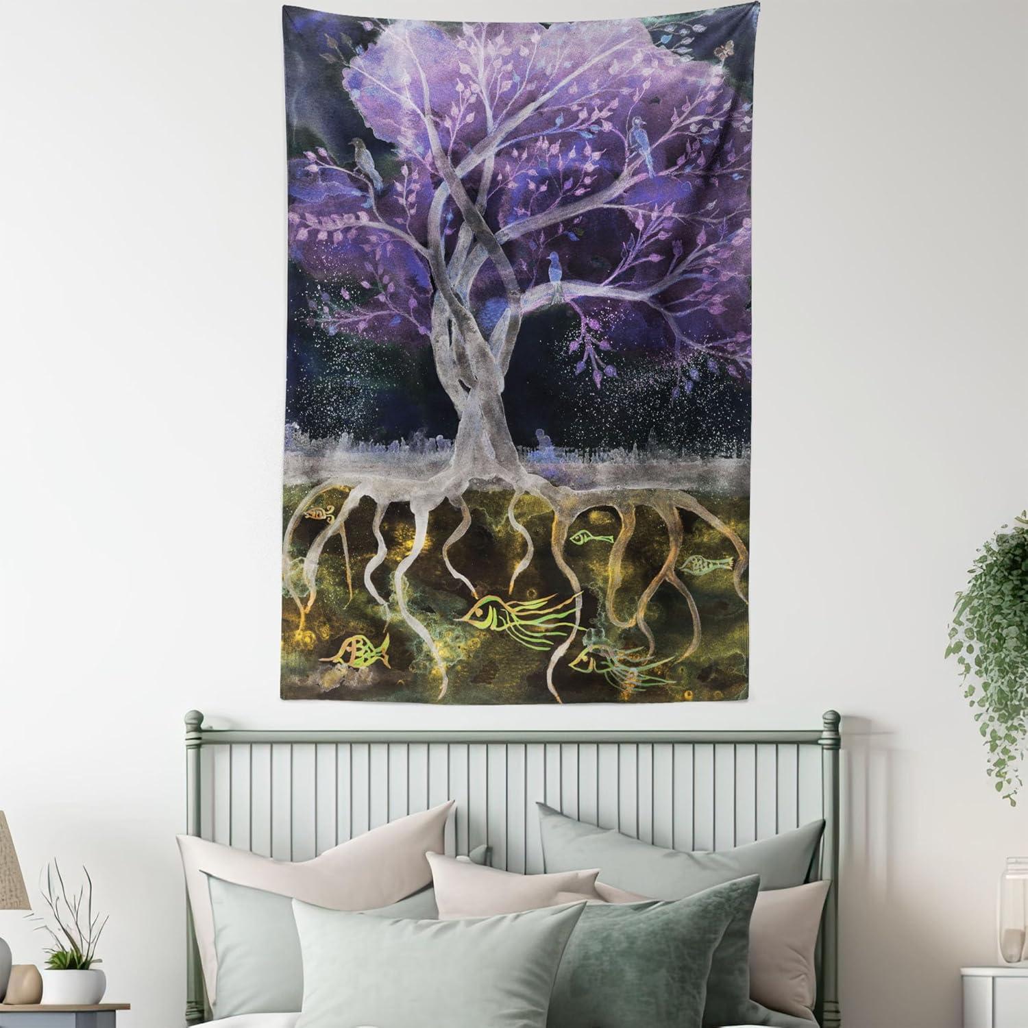 imageAmbesonne Flower Tapestry Modern Lines Leafy Eucalyptus Pattern with Tender Sunflower and Peony Fabric Wall Hanging Decor for Bedroom Living Room Dorm 28 X 23 Grey Teal Laurel GreenPurple Black