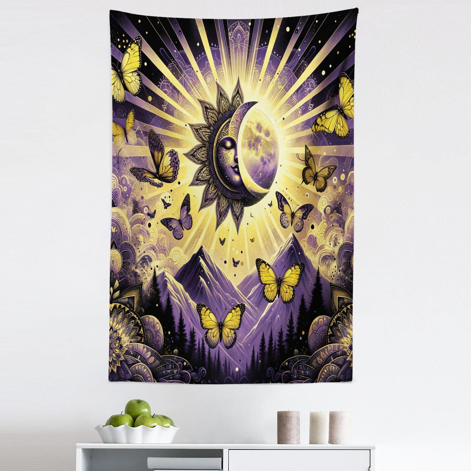 imageAmbesonne Flower Tapestry Modern Lines Leafy Eucalyptus Pattern with Tender Sunflower and Peony Fabric Wall Hanging Decor for Bedroom Living Room Dorm 28 X 23 Grey Teal Laurel GreenViolet Mustard Dark Grey